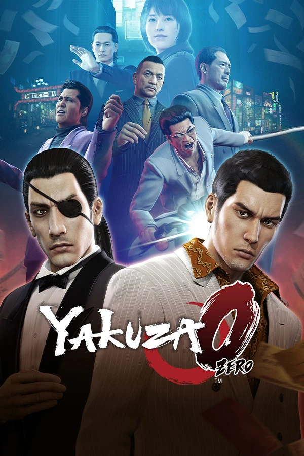 Official Yakuza 0 cover with the native red-and-white logo in front of Kiryu and Majima.