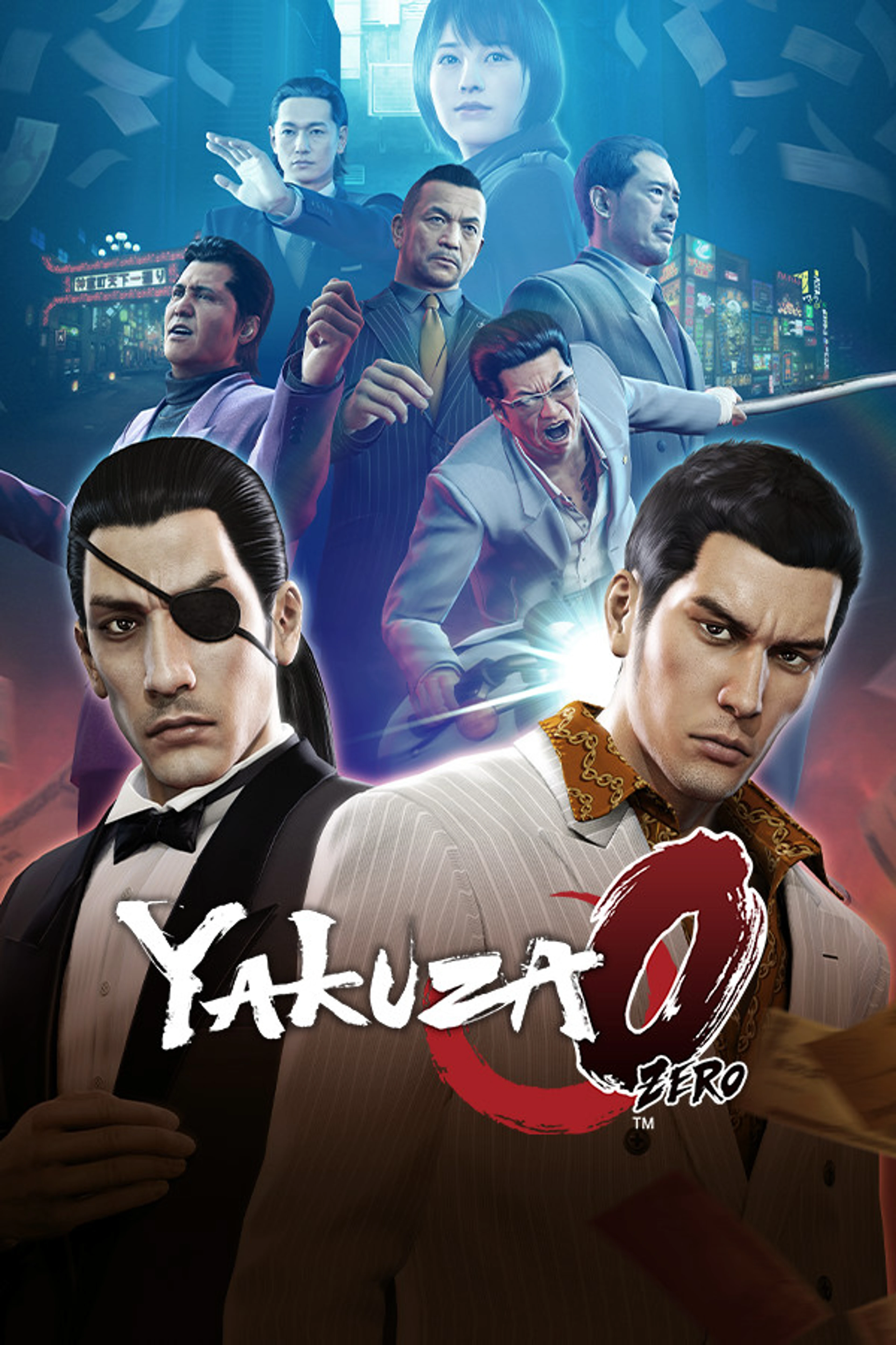 Official Yakuza 0 cover with the native red-and-white logo in front of Kiryu and Majima.