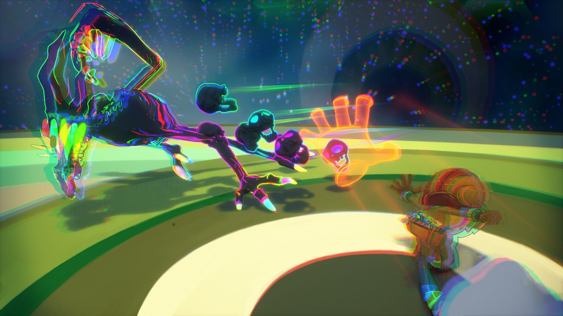 Raz moves across a colorful circular platform with thought nodes nearby.