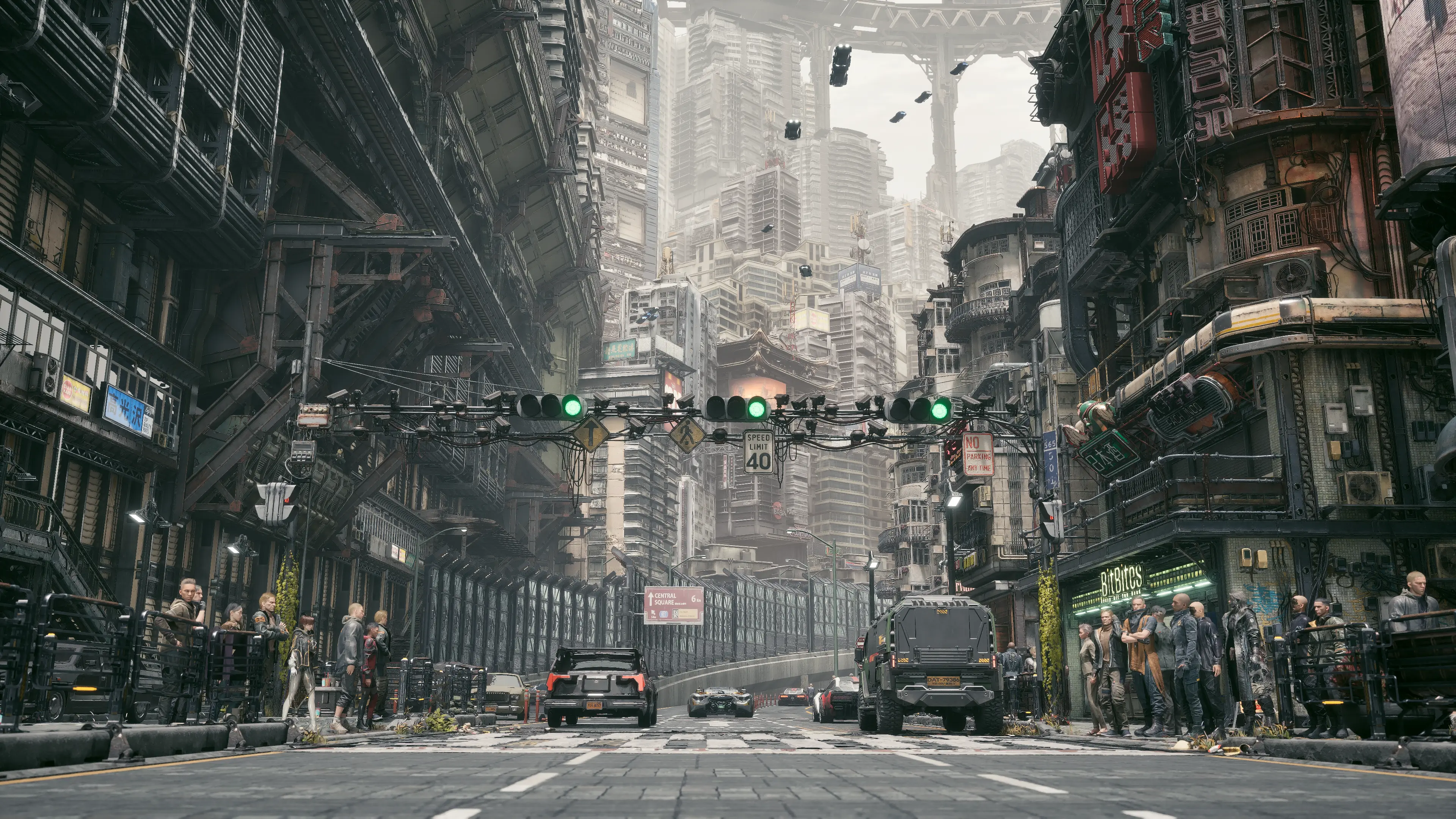 Environment screenshot: a dense futuristic city street filled with elevated roads, traffic lights, vehicles and pedestrians in Stellar Blade: Blood Rain.