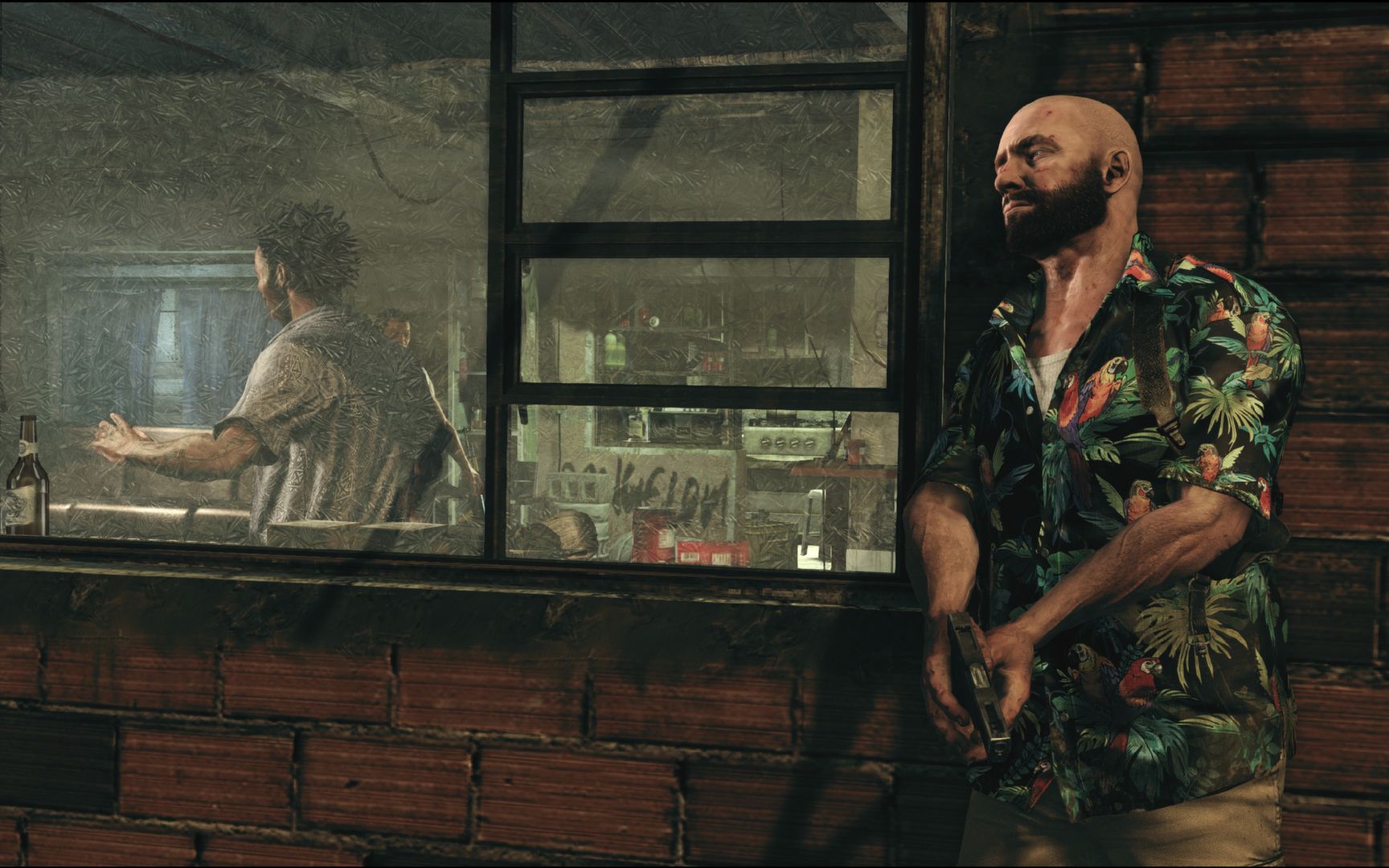 Bald Max leans against an exterior wall, watching men through a shop window.