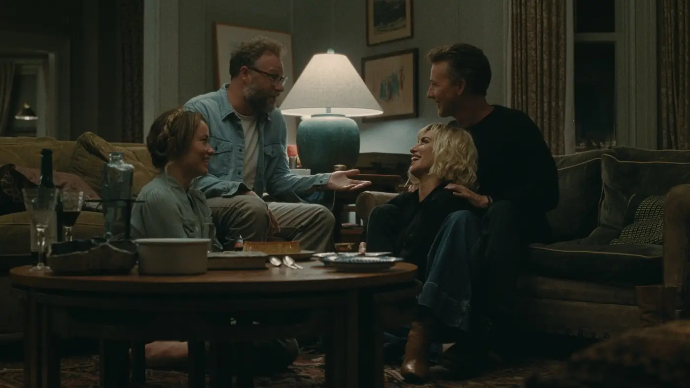 Joe and Angela sit with Hawk and Piña in their living room.