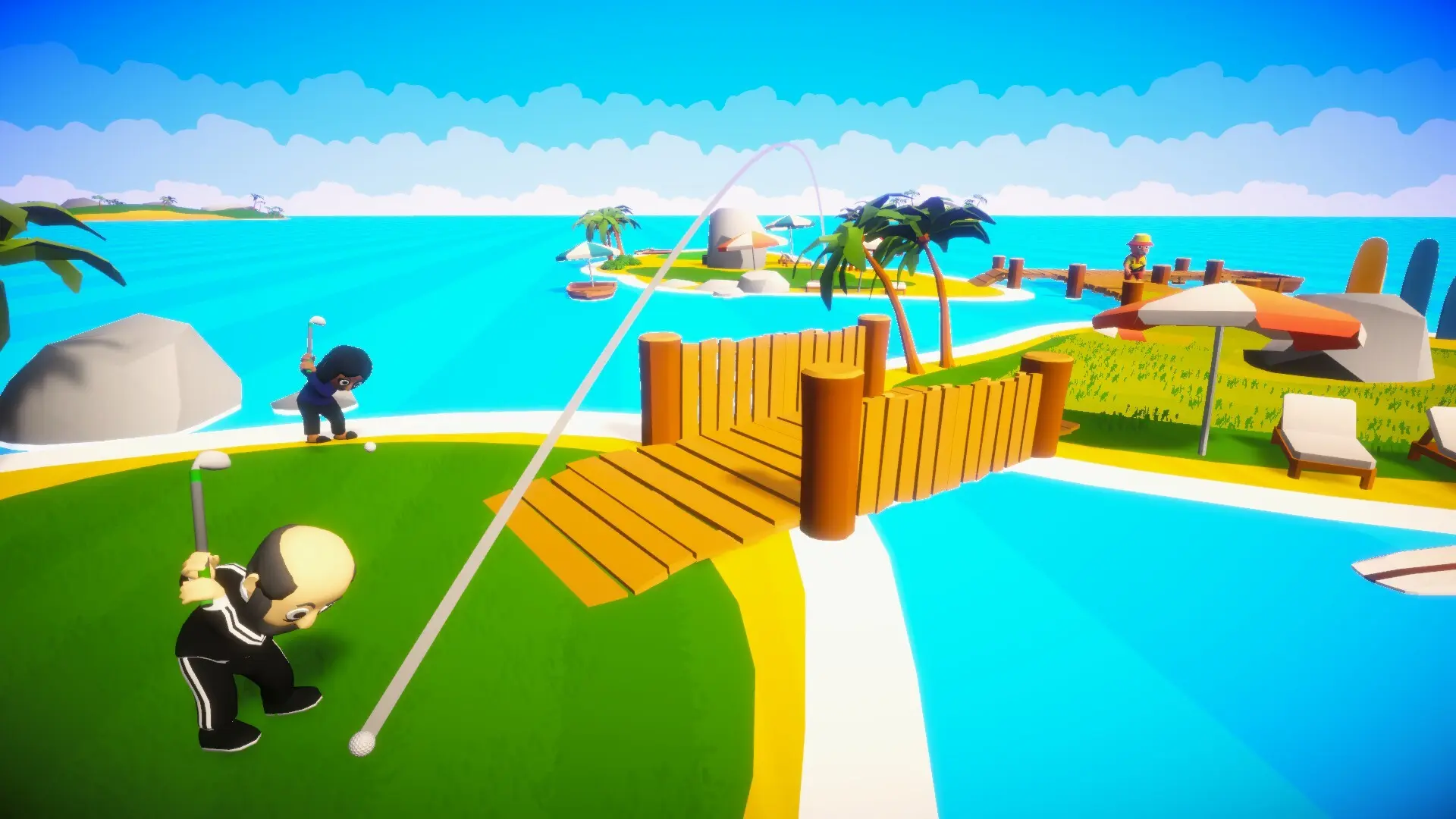 Golfers play through a bright beach resort while guards patrol in Really Illegal Golf.
