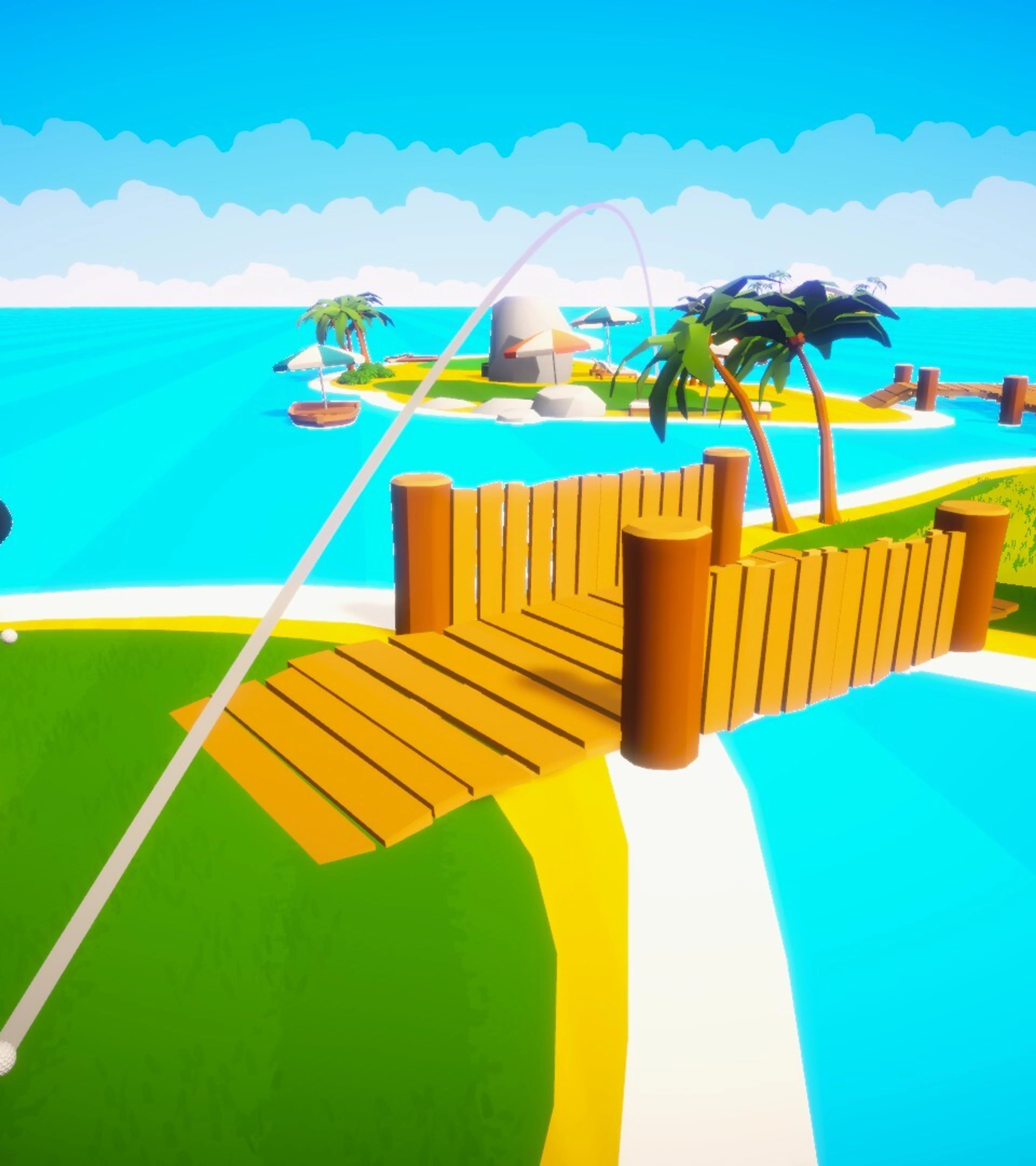 Golfers play through a bright beach resort while guards patrol in Really Illegal Golf.