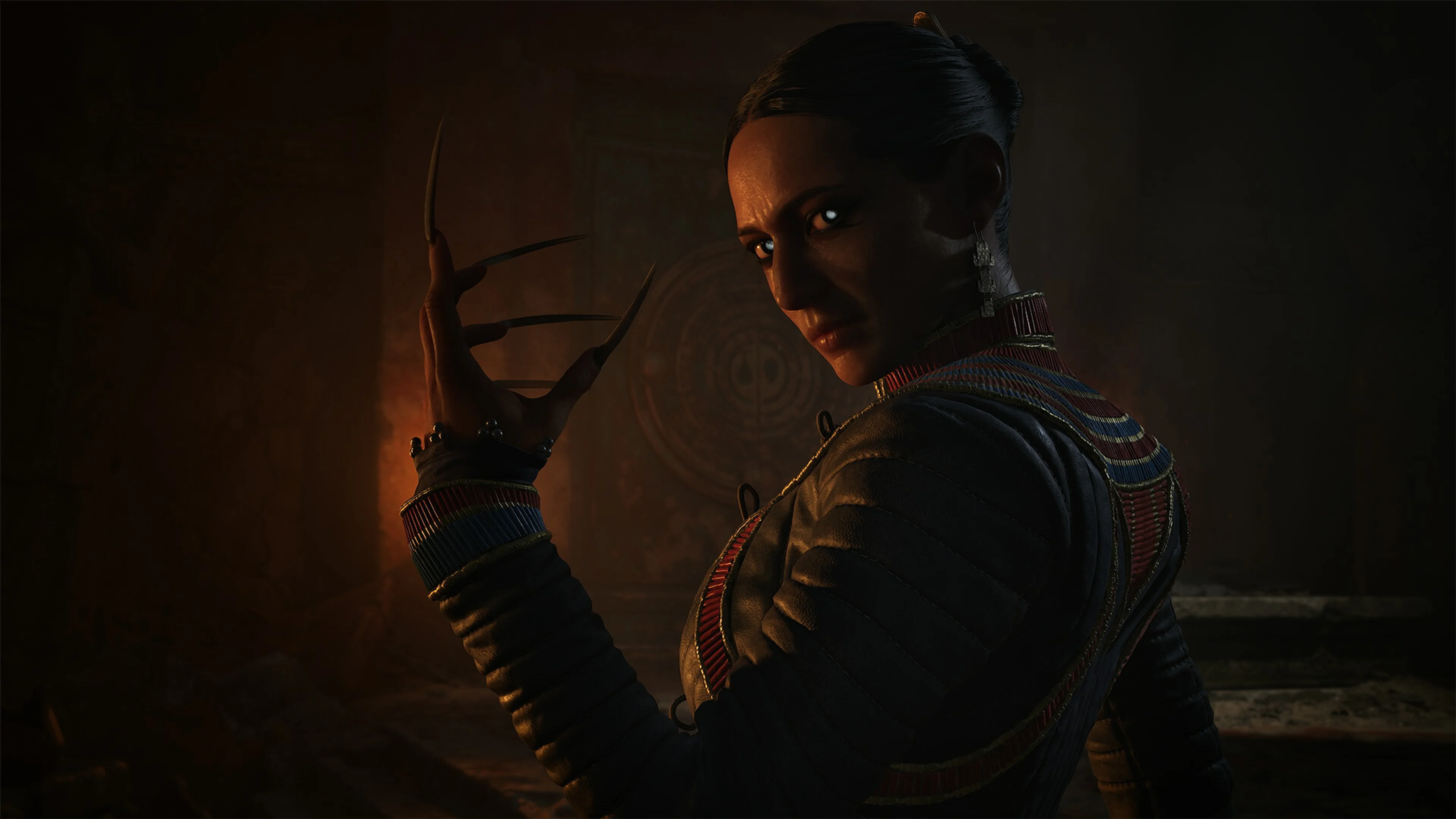 A white-eyed vampire woman raises long claws in The Blood of Dawnwalker.