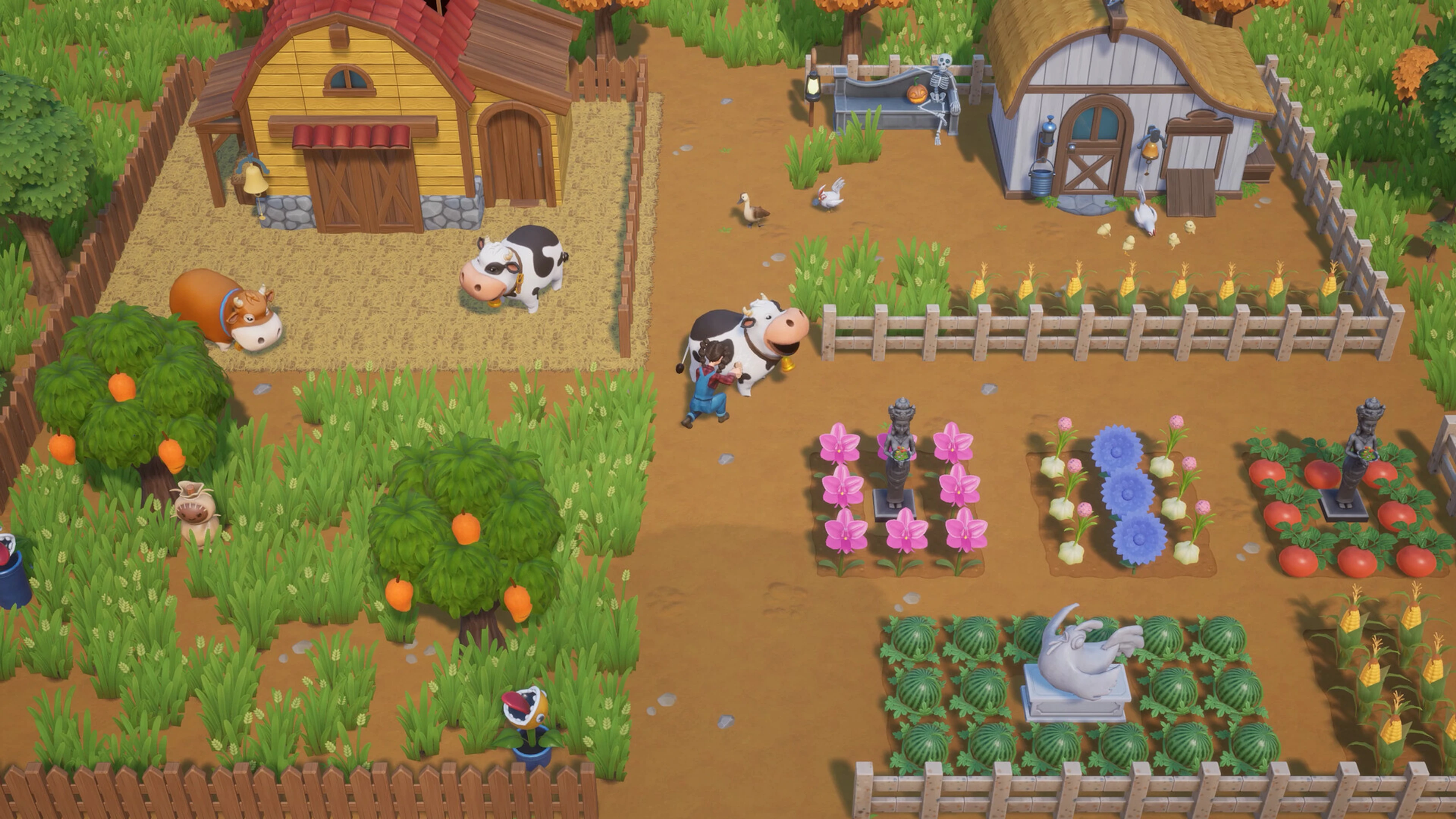 Crops, farm animals and agricultural buildings on a Coral Island farm.