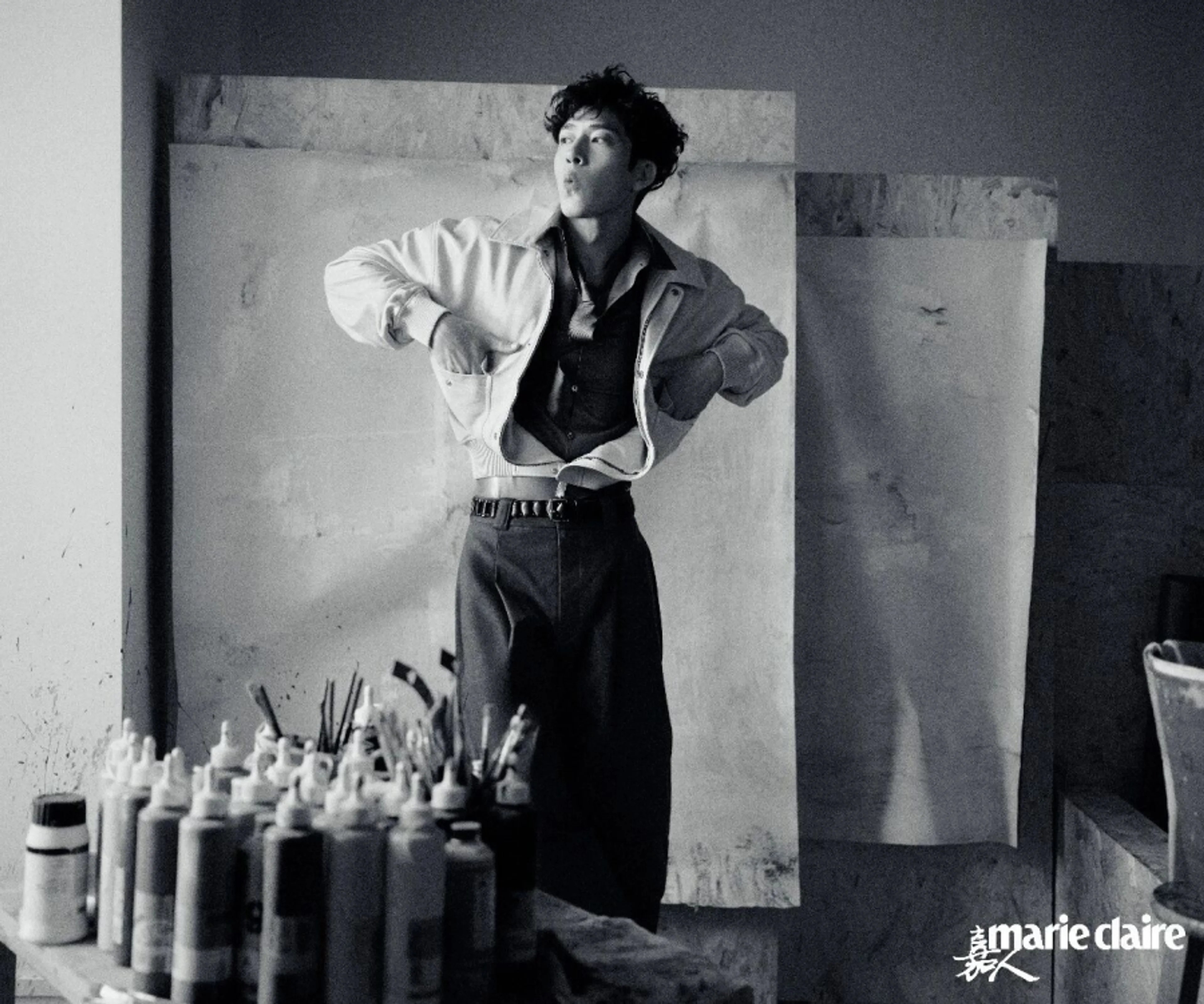 Jing Boran in a black-and-white studio photograph for Marie Claire China.