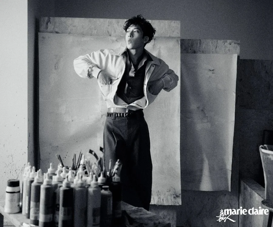 Jing Boran in a black-and-white studio photograph for Marie Claire China.