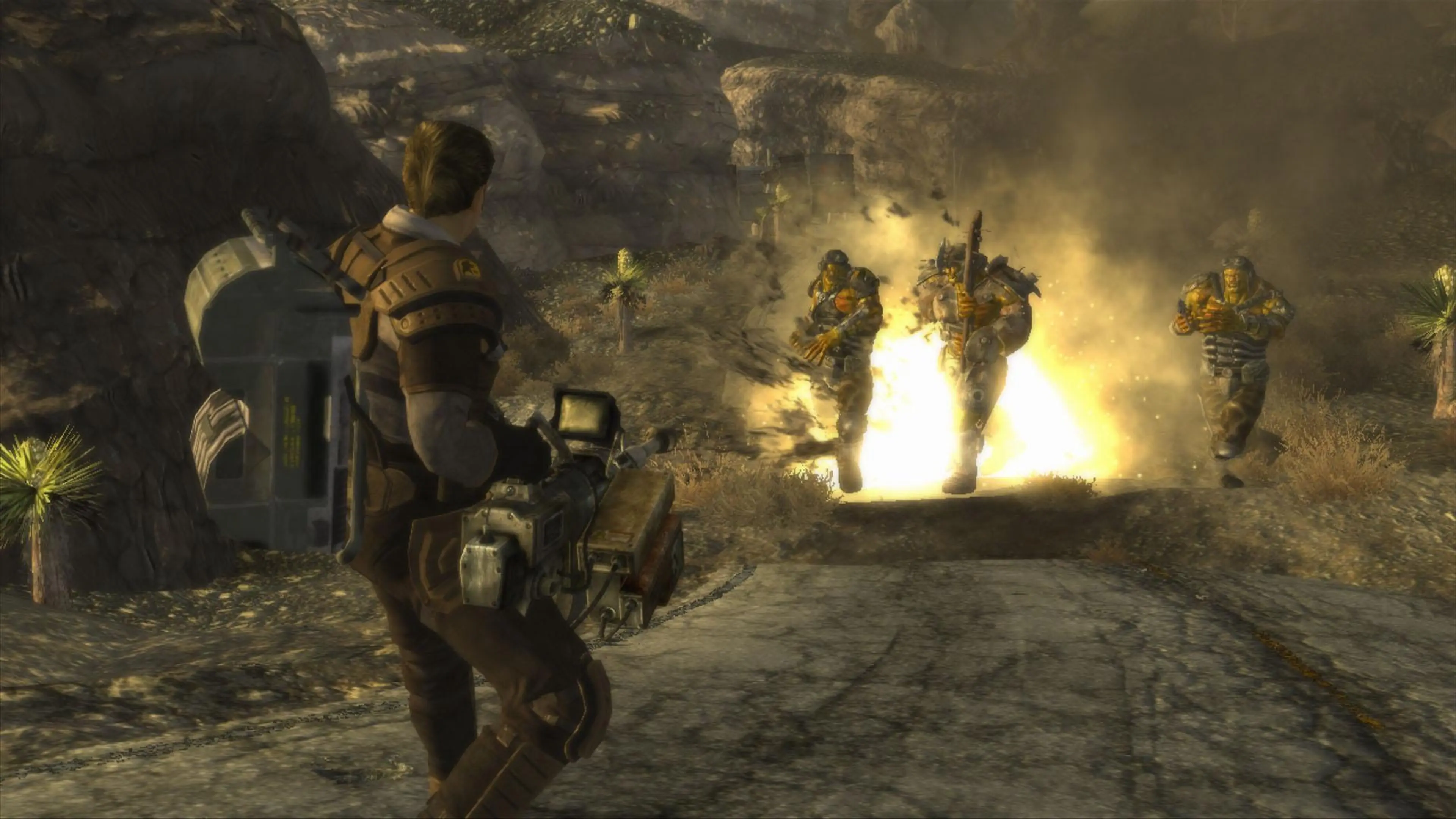 An explosion erupts behind advancing super mutants in Fallout: New Vegas.