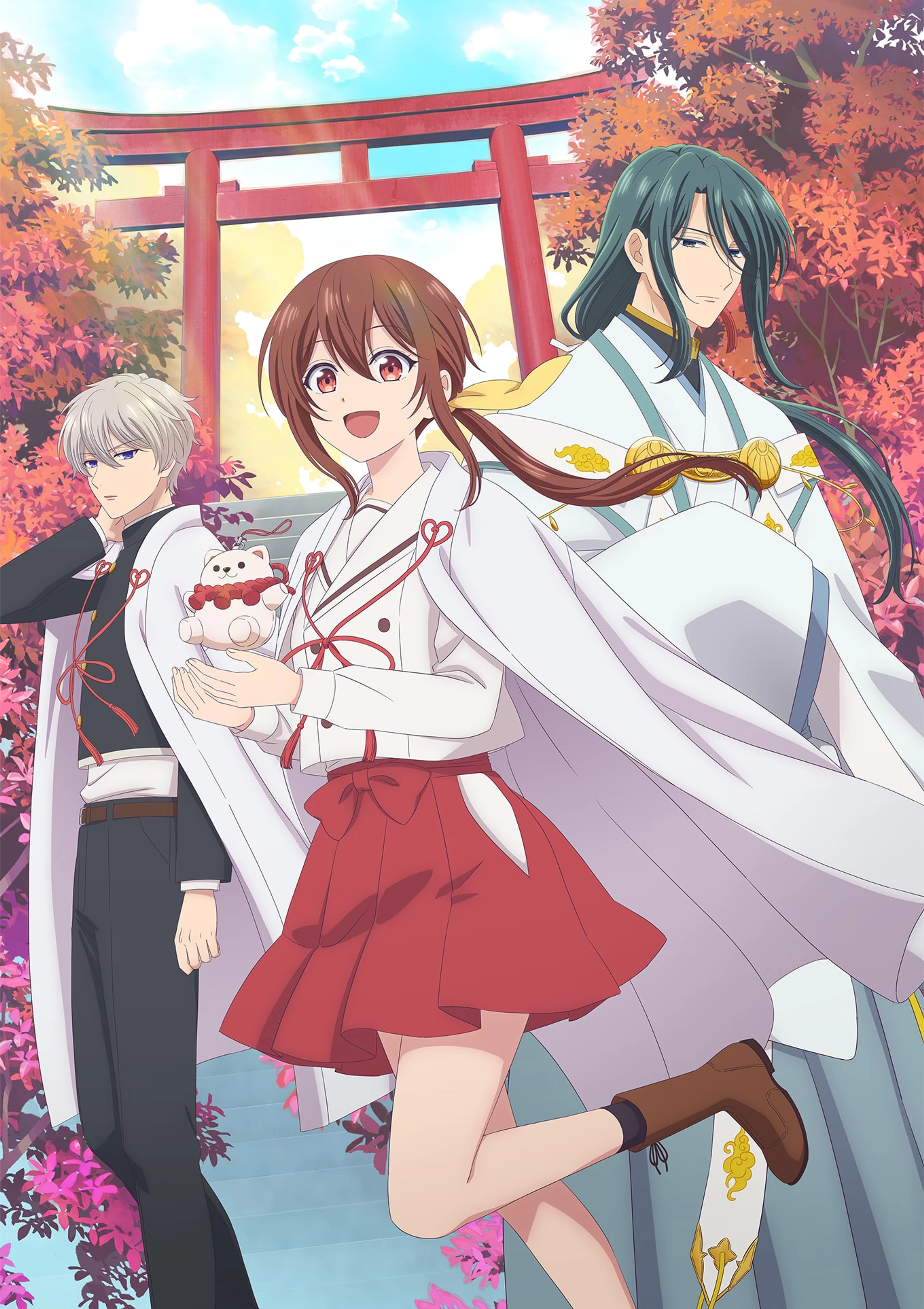 Official full-length anime key visual of Nagi and fellow students beneath a shrine gate.