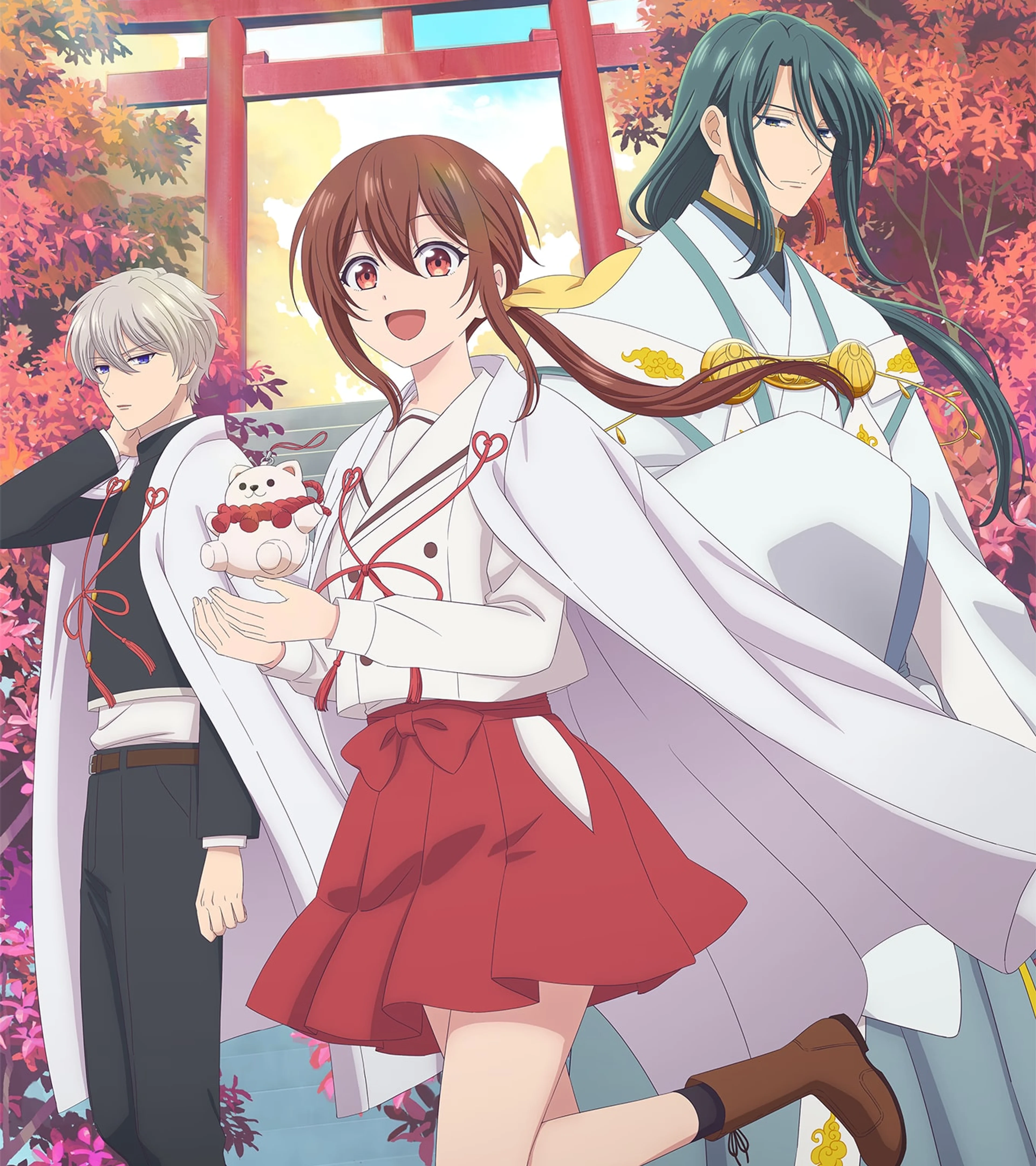 Official full-length anime key visual of Nagi and fellow students beneath a shrine gate.