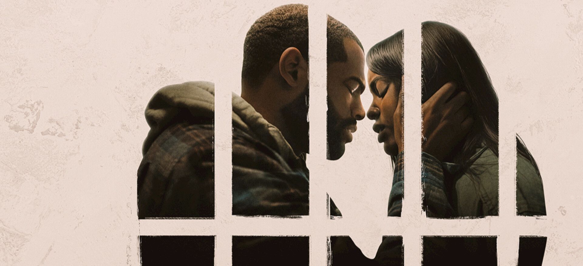 A couple embrace in the cream-and-black Doing Life Netflix title artwork.