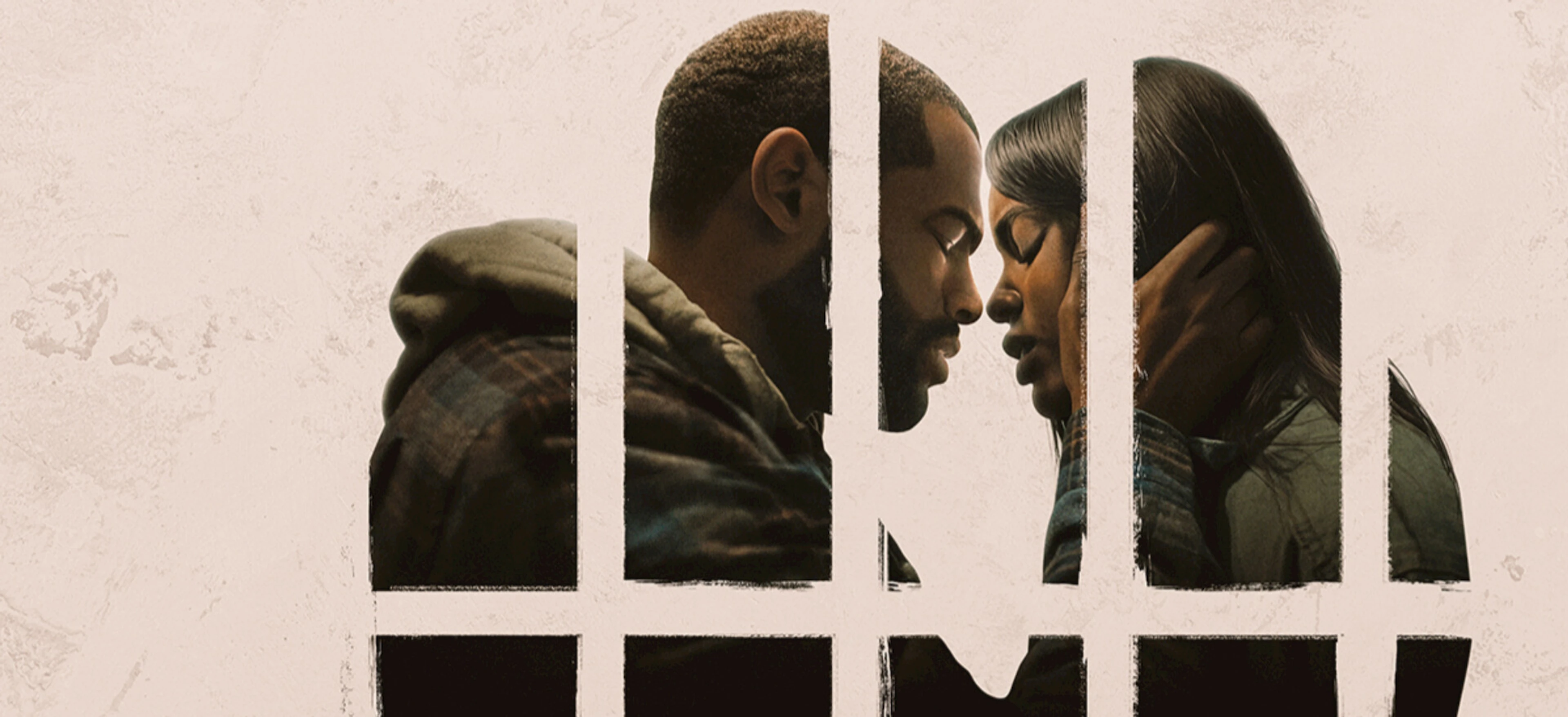 A couple embrace in the cream-and-black Doing Life Netflix title artwork.