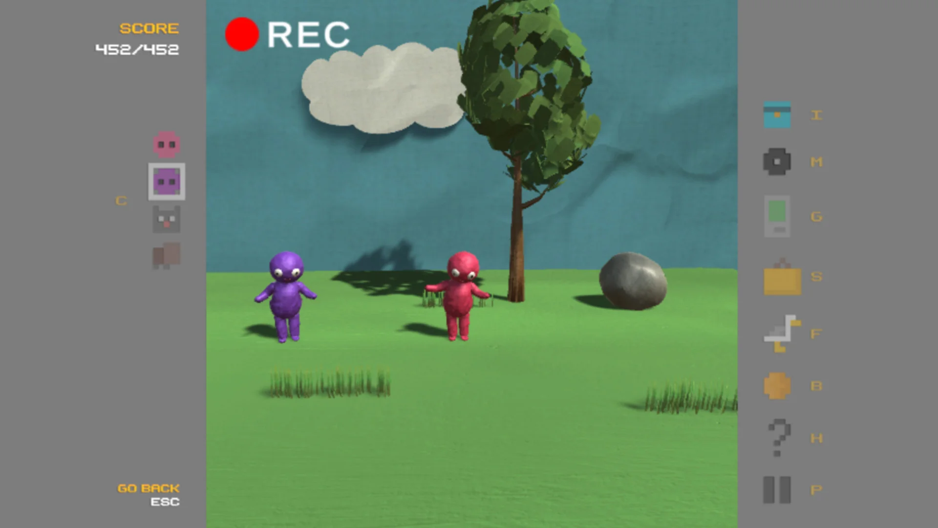 Tux and Fanny stand beside a tree and a gray ball in a colorful pixel landscape.