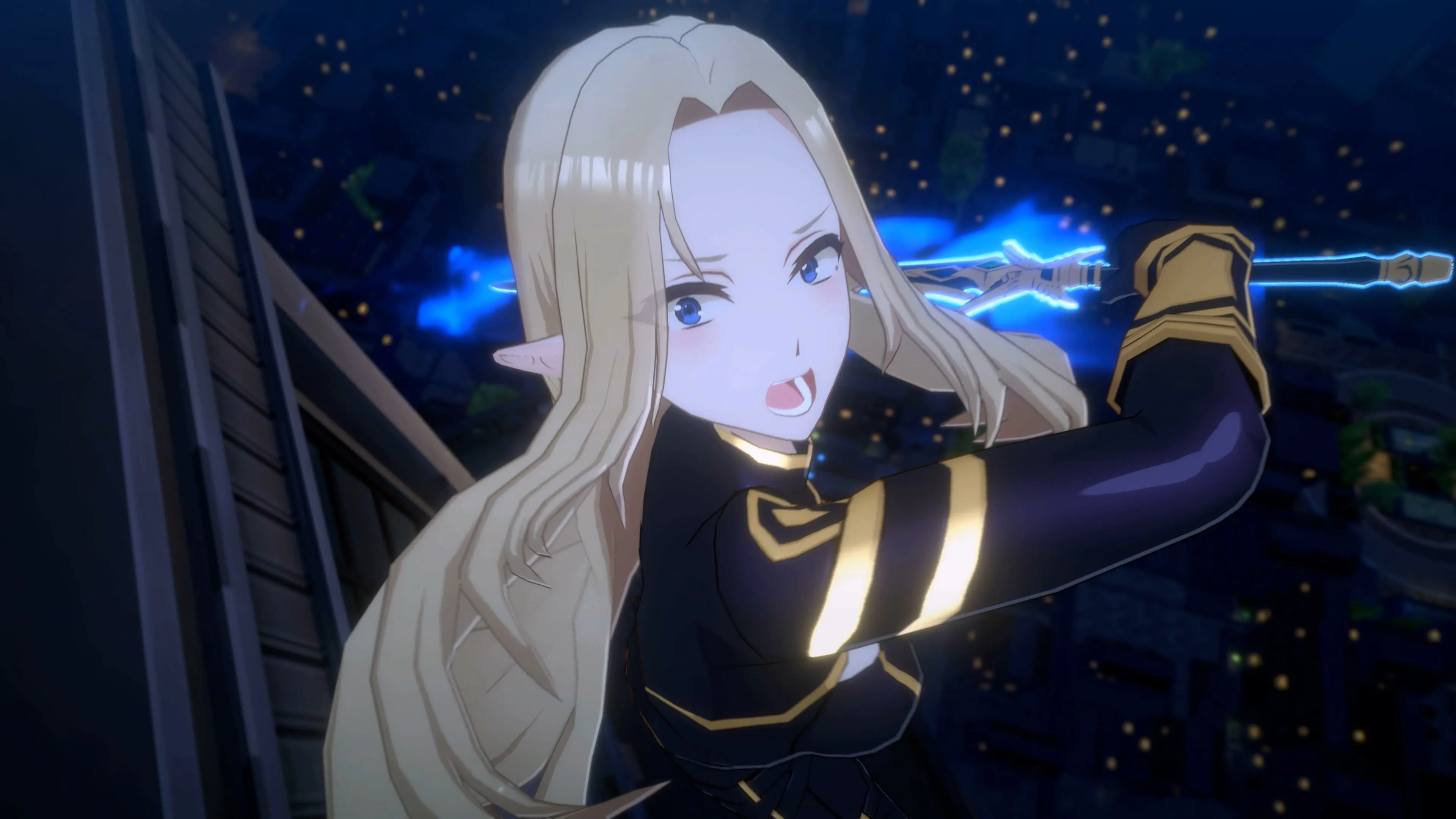 A Seven Shadows fighter unleashes a blue special attack in Phantom Echoes.