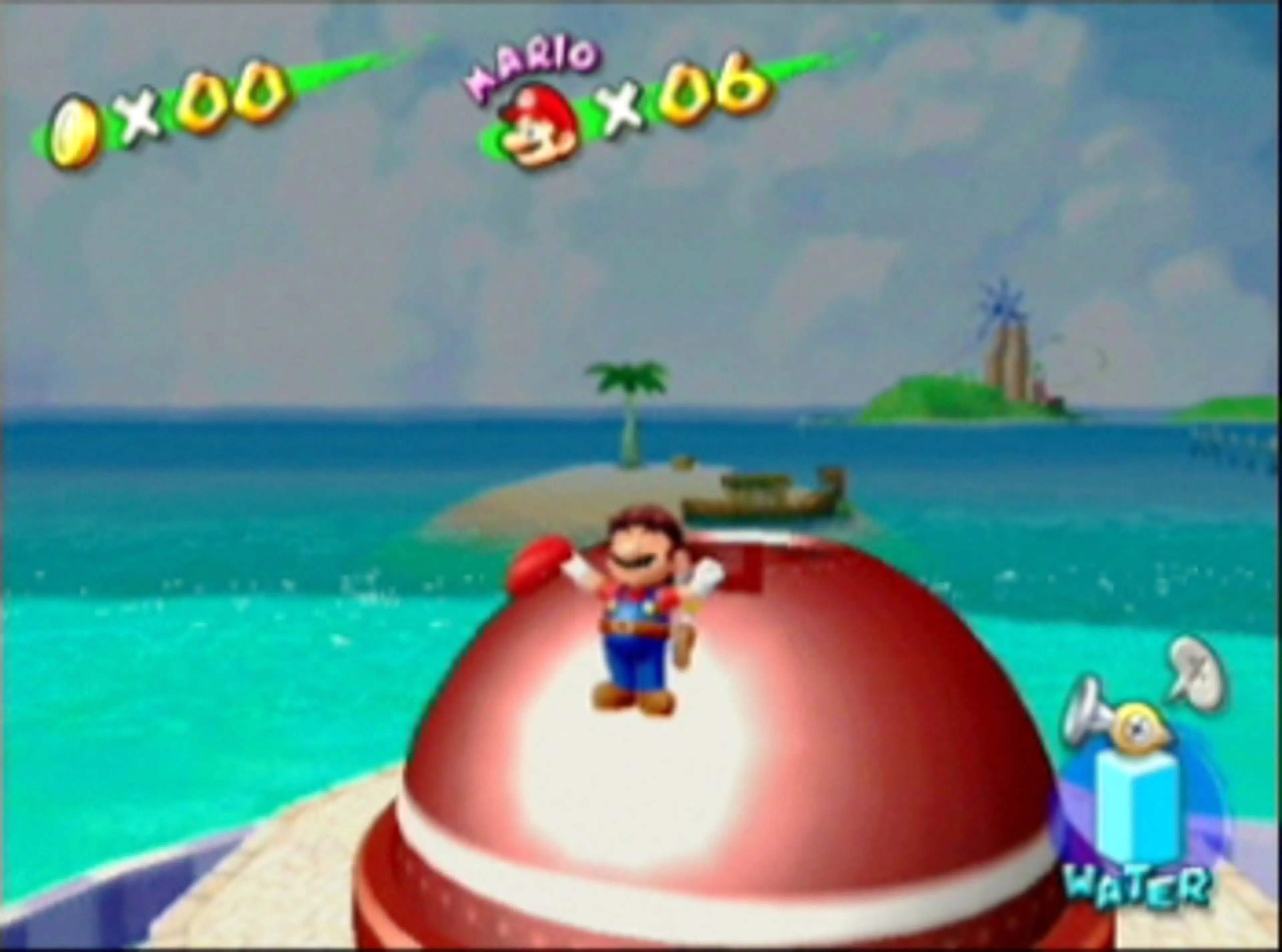 Gameplay screenshot: Mario stands on a red buoy over turquoise water with the F.L.U.D.D. interface visible in Super Mario Sunshine.