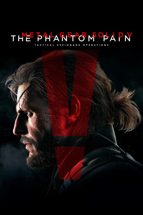 Official Metal Gear Solid V: The Phantom Pain poster with Snake in profile, a large red V and the native game title.