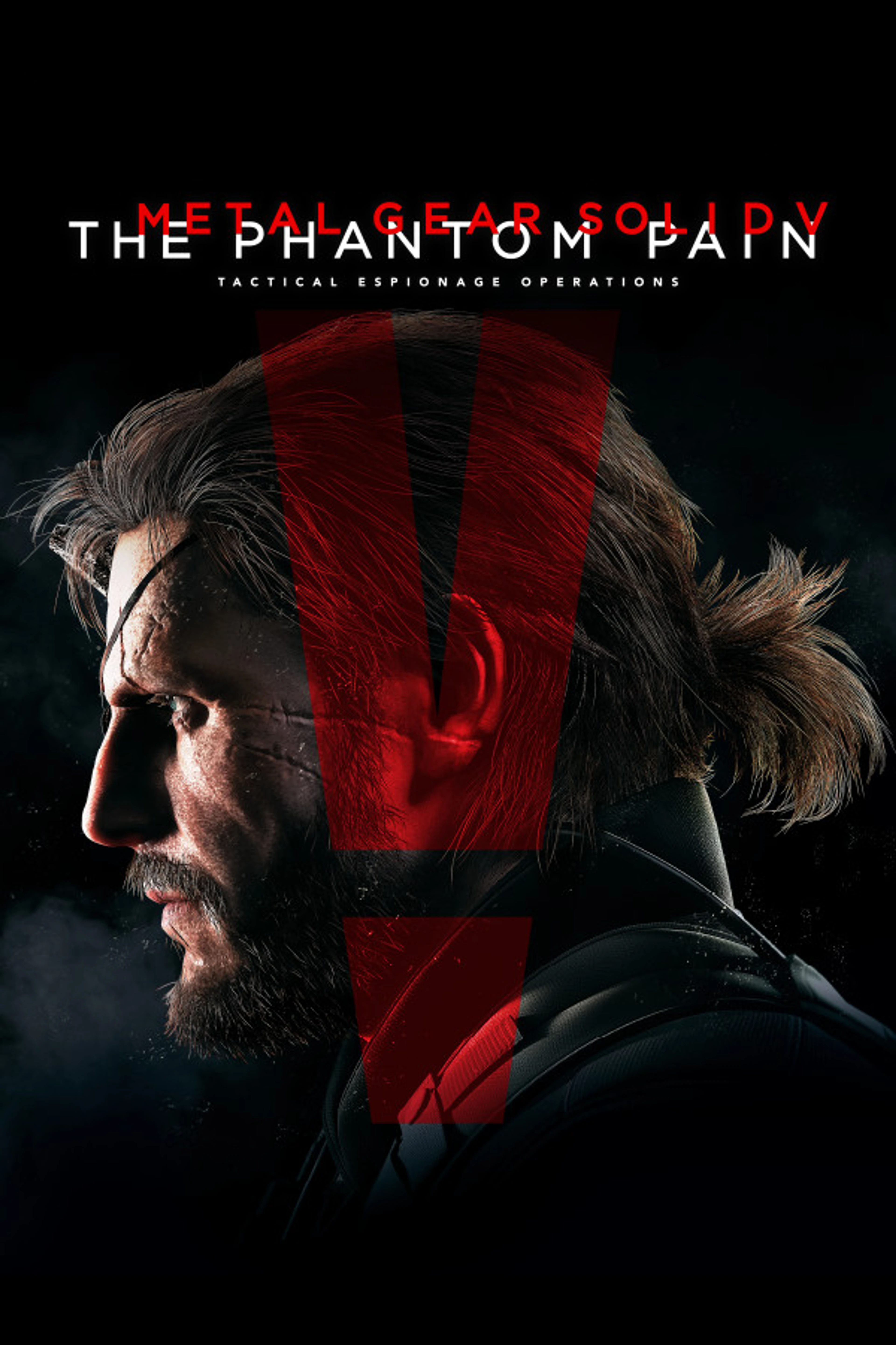 Official Metal Gear Solid V: The Phantom Pain poster with Snake in profile, a large red V and the native game title.