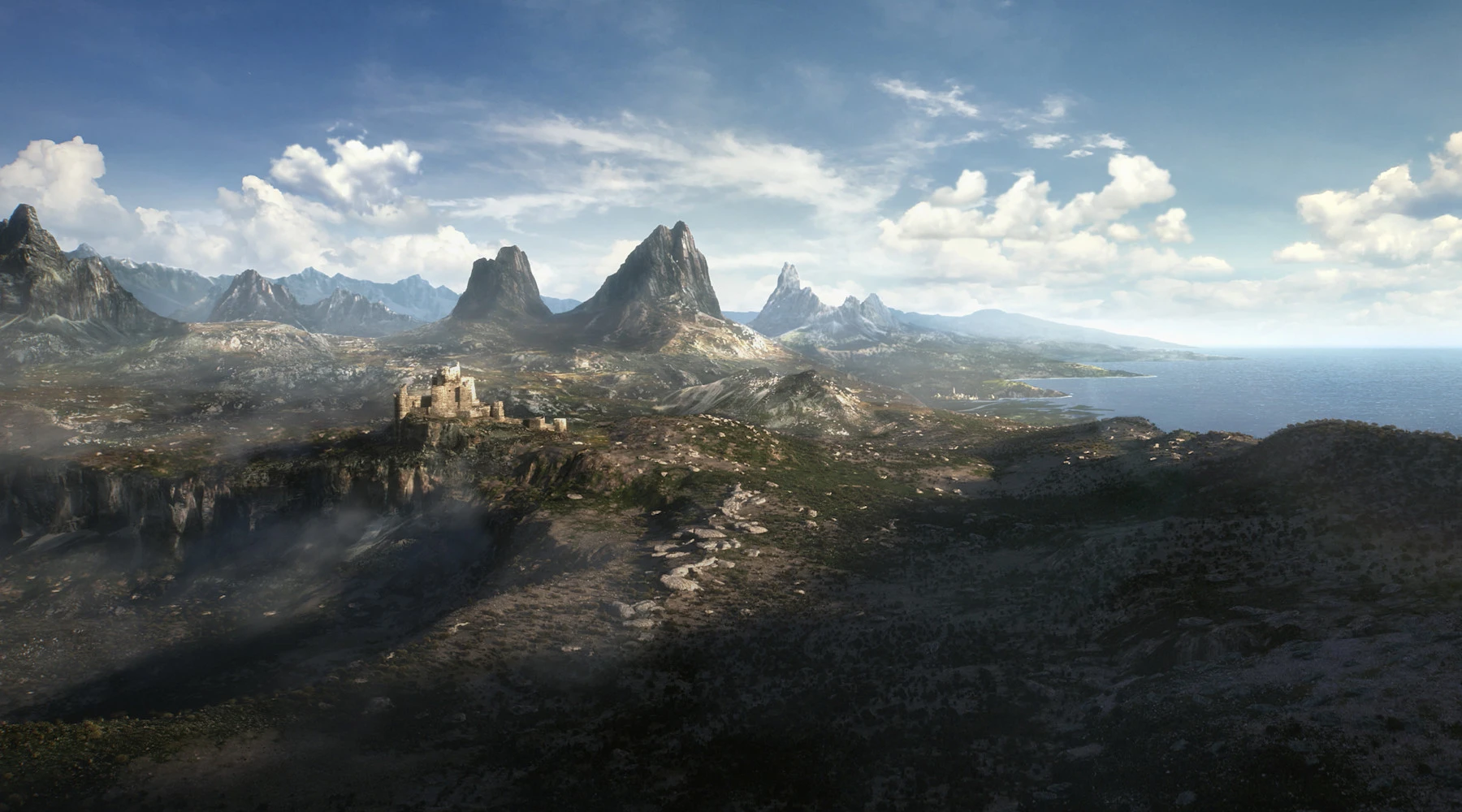 Mountains, a ruined fortress and coastline in official The Elder Scrolls VI artwork from Bethesda Game Studios.