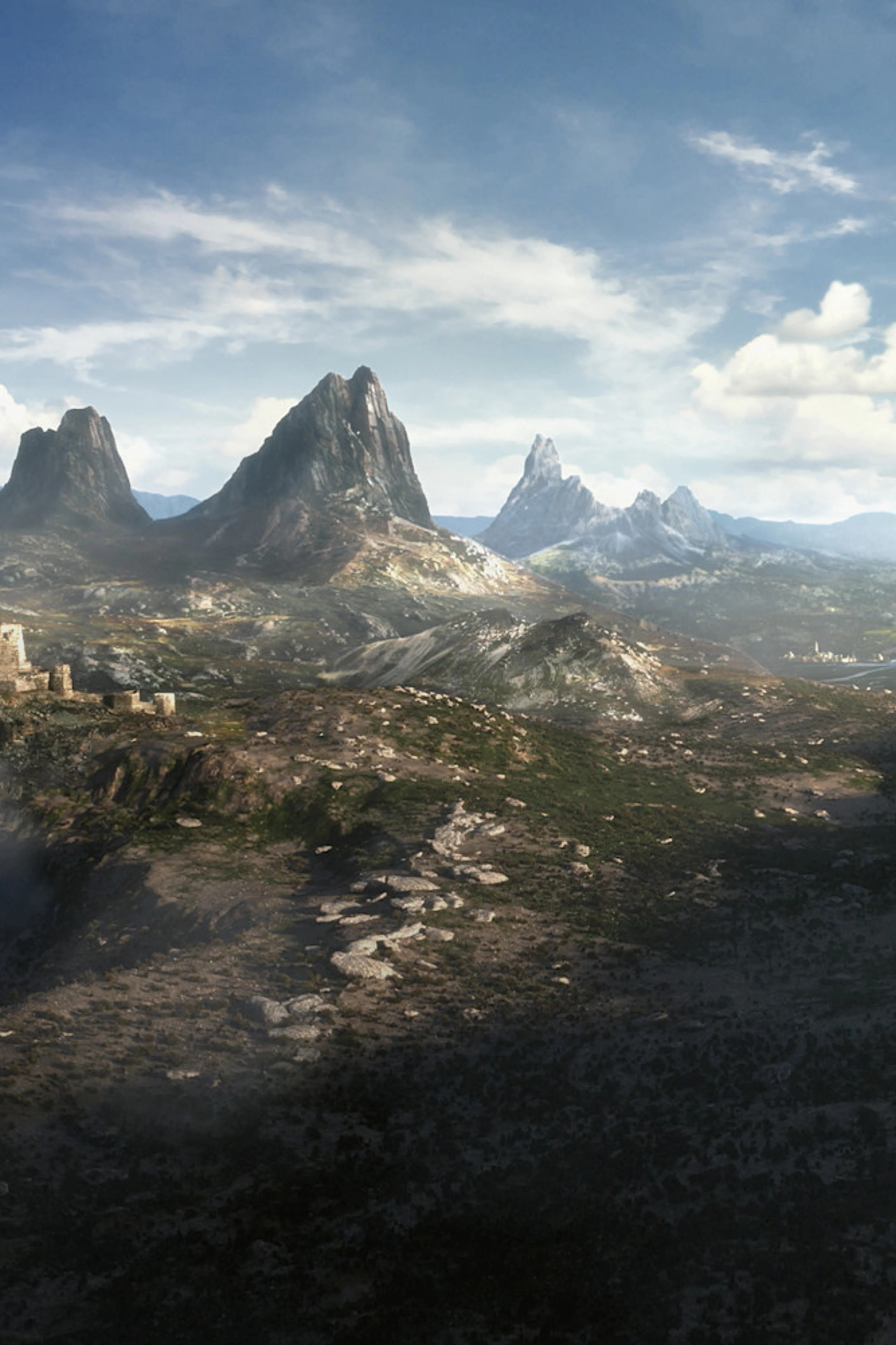 Mountains, a ruined fortress and coastline in official The Elder Scrolls VI artwork from Bethesda Game Studios.