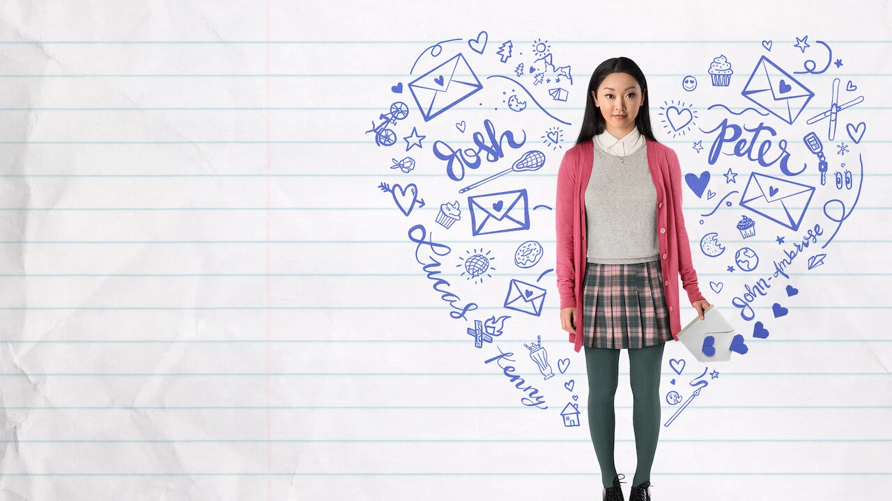 Lara Jean Covey surrounded by drawings of letters and hearts.