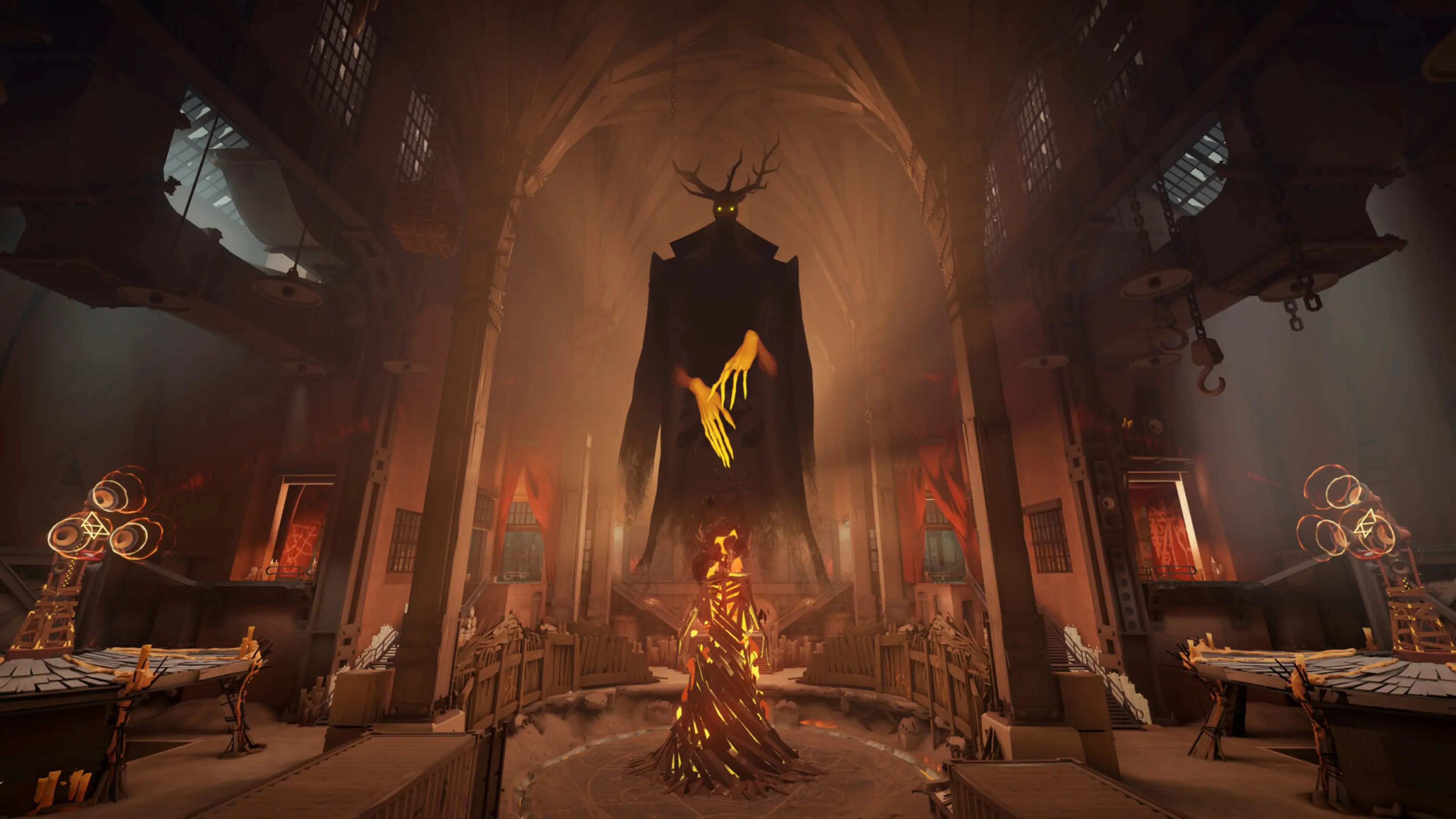 A tall antlered figure stands in an orange-lit hall beside flames in Deadlock.