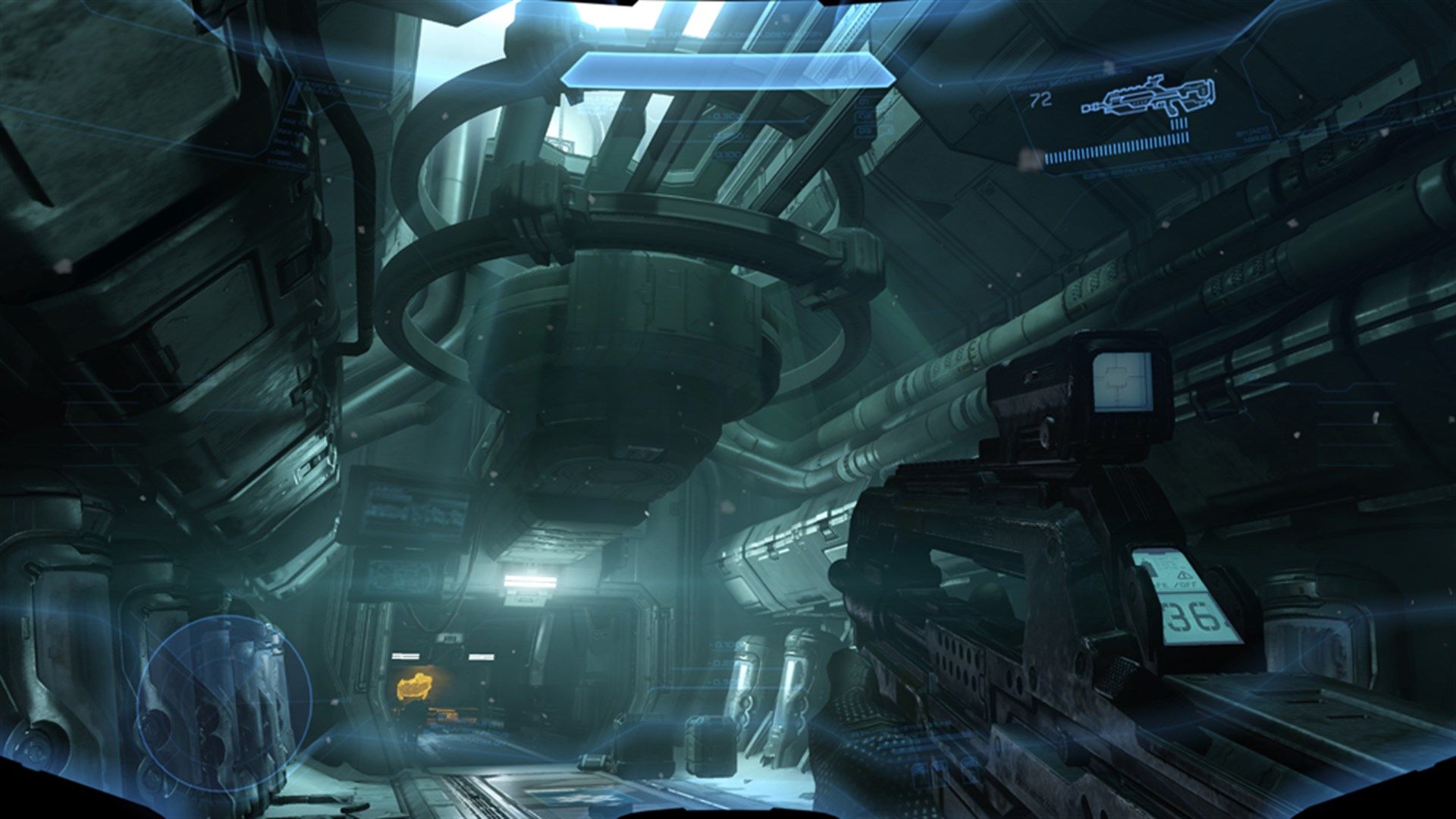 First-person view of a futuristic Halo 4 corridor with shield and weapon HUD.