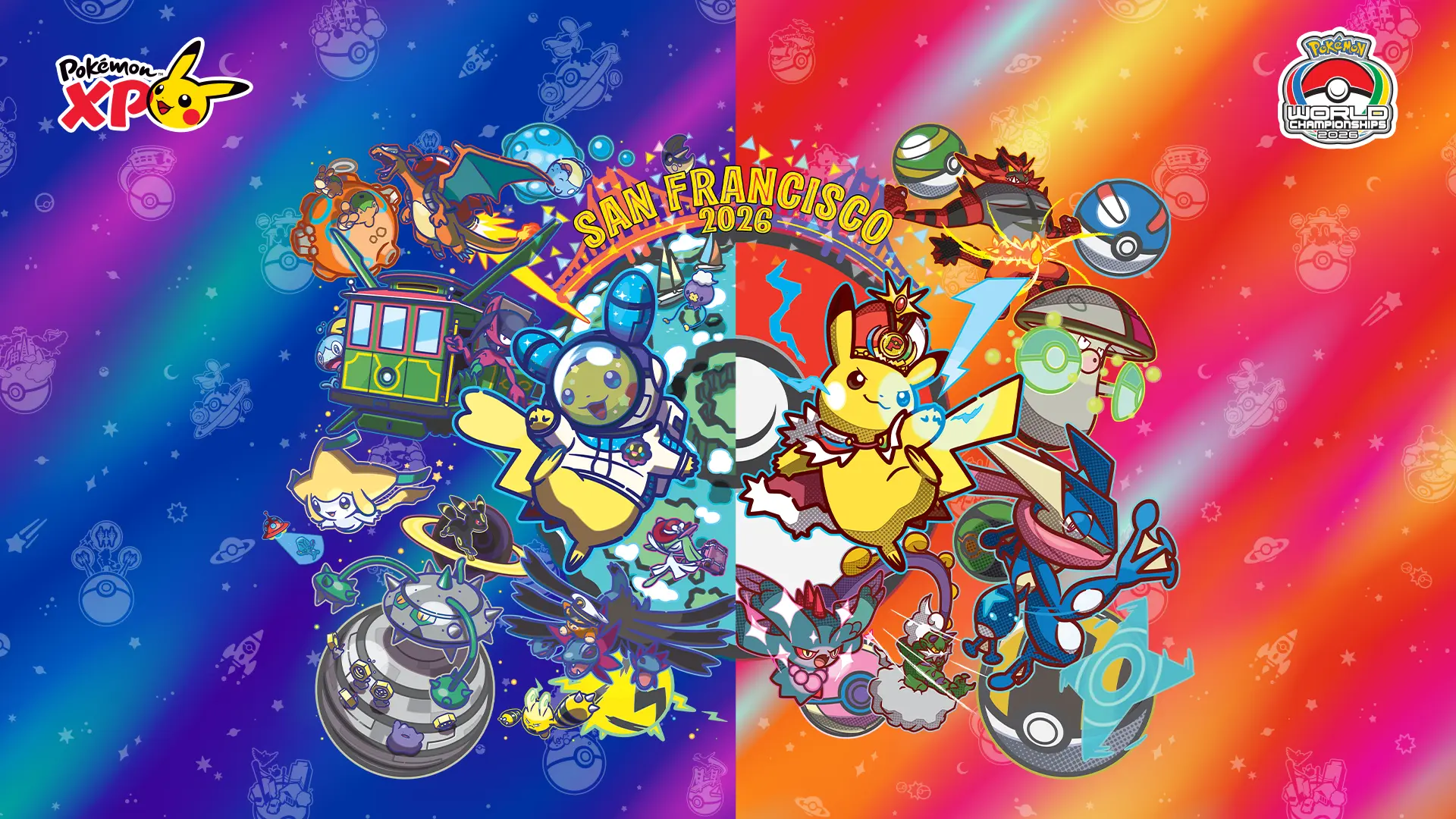 Colorful official artwork for PokémonXP and the 2026 Pokémon World Championships in San Francisco.