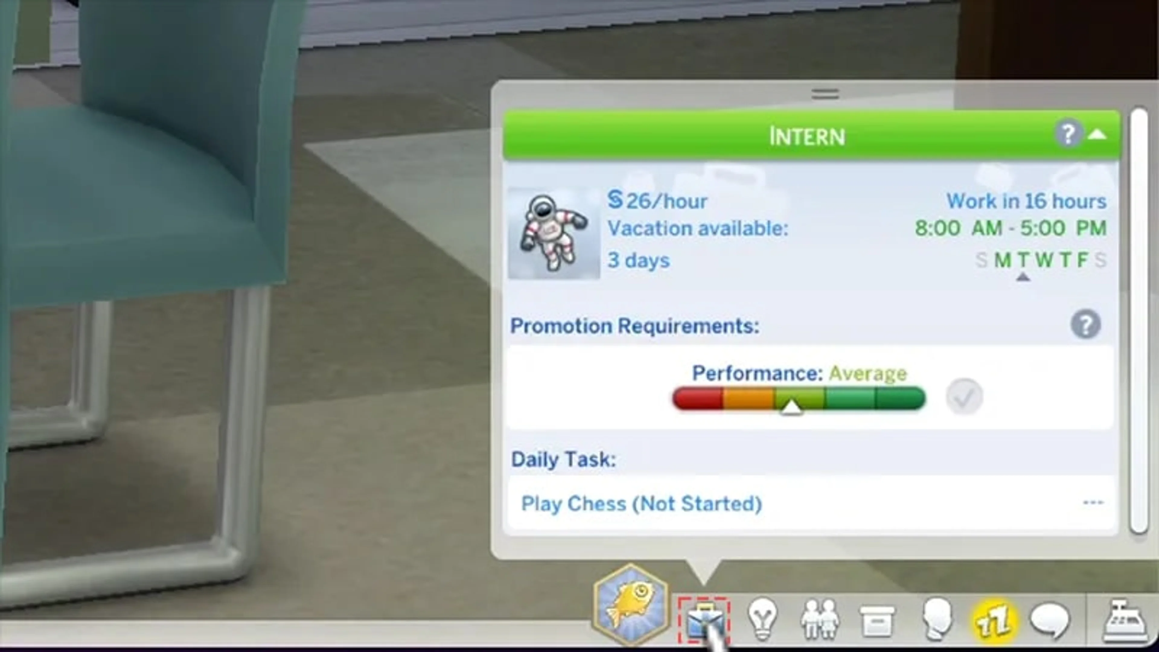 Official EA screenshot of an Intern Career Panel showing work hours, performance meter and a daily task.
