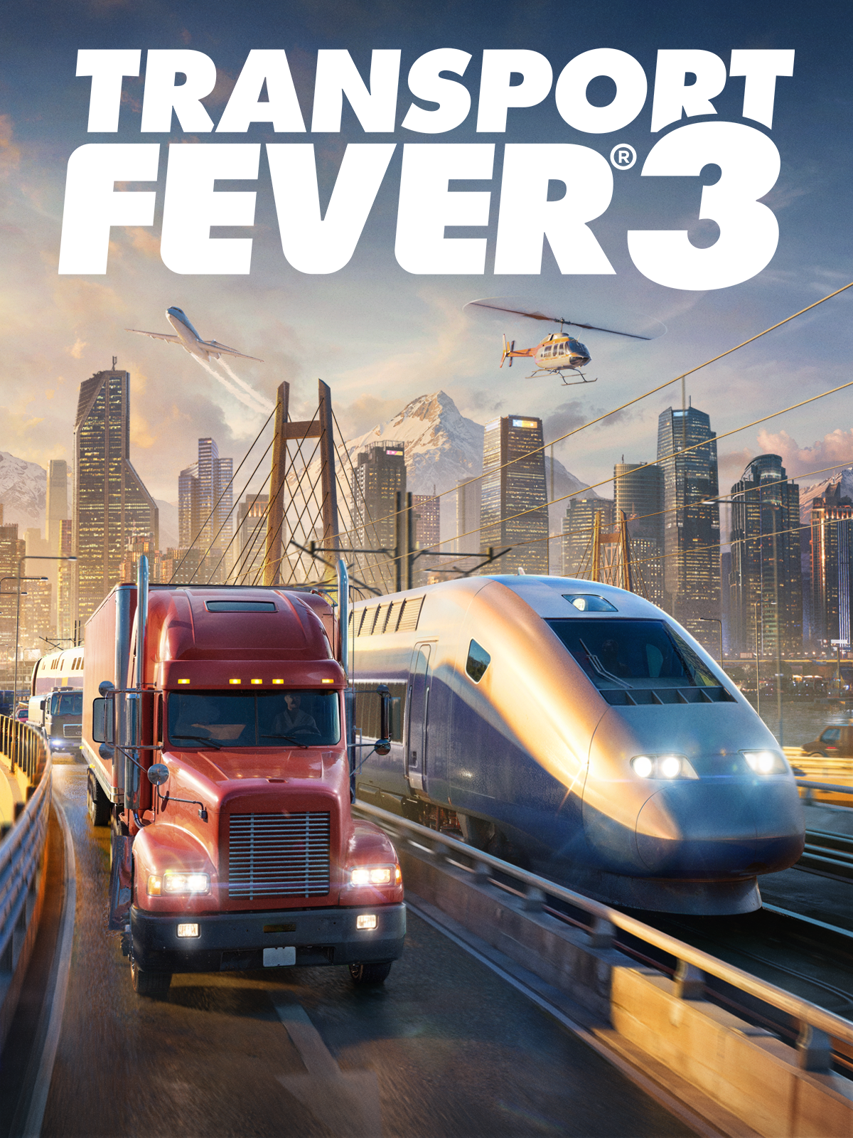 Official Transport Fever 3 cover showing the title above a truck and high-speed train.
