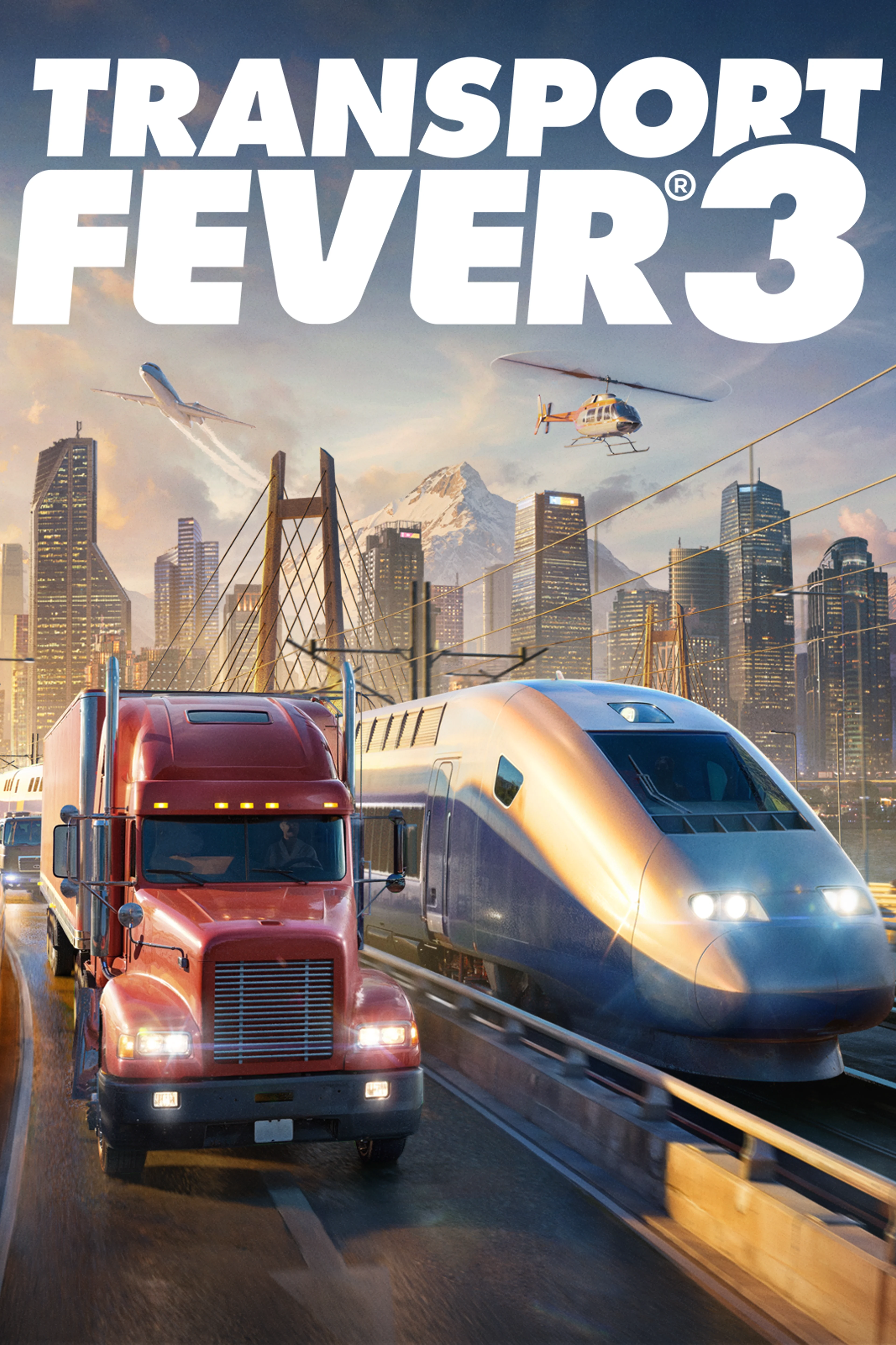 Official Transport Fever 3 cover showing the title above a truck and high-speed train.