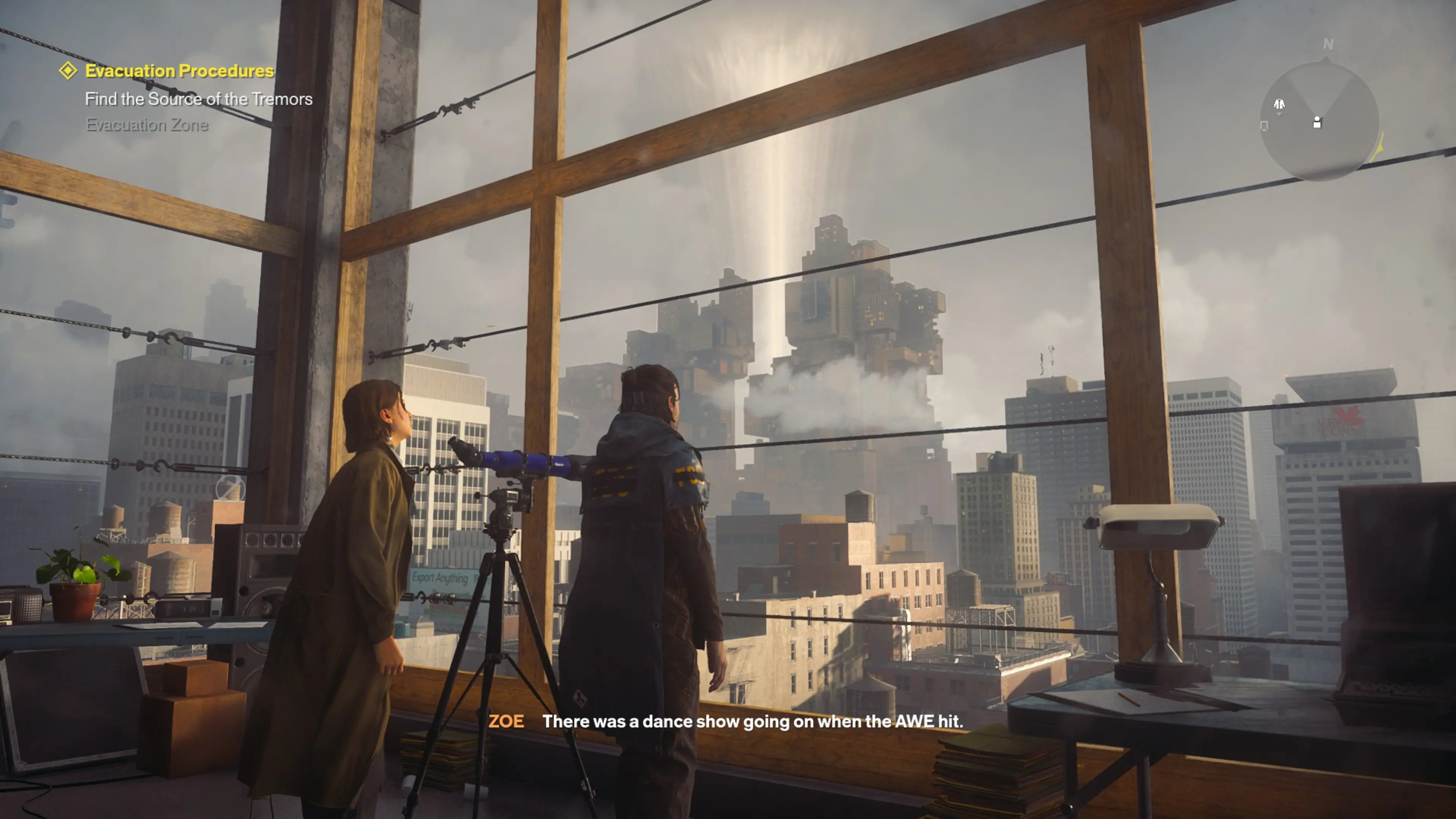 Dylan and Zoe stand beside a telescope overlooking distorted buildings.