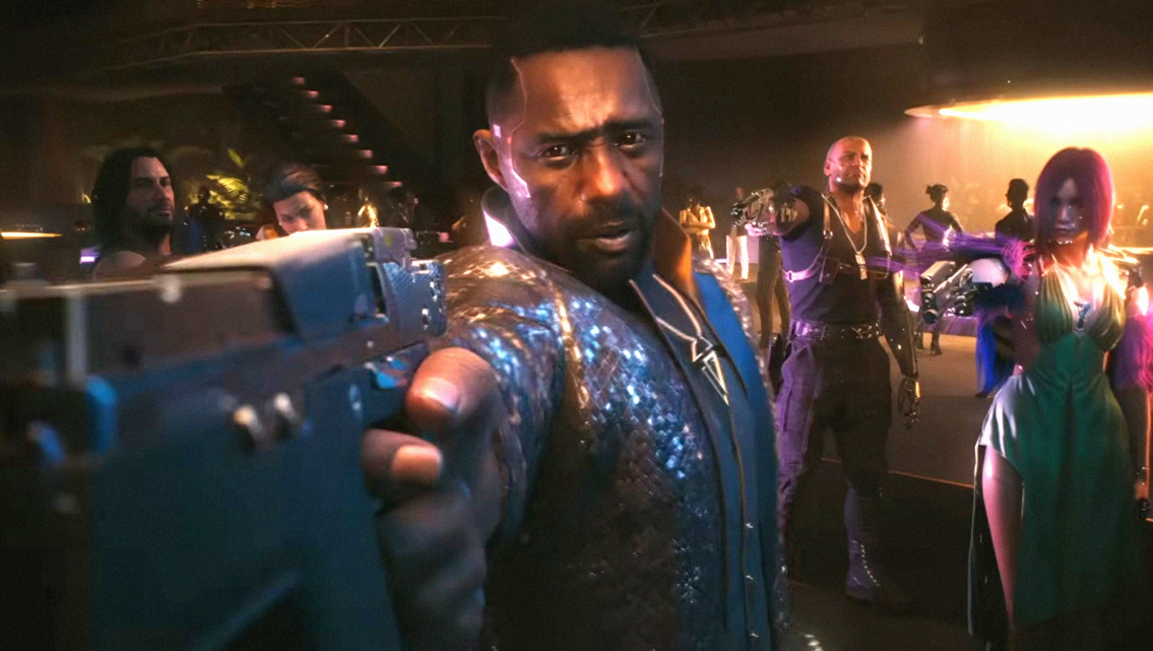 Solomon Reed points a gun during a tense Phantom Liberty scene in Cyberpunk 2077.