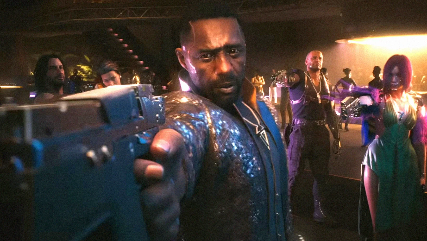 Solomon Reed points a gun during a tense Phantom Liberty scene in Cyberpunk 2077.