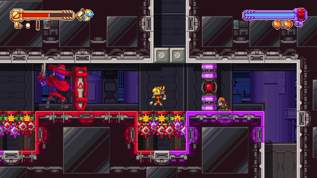 Robin jumps between machinery and a larger opponent, with separate status bars at the top of the screen.