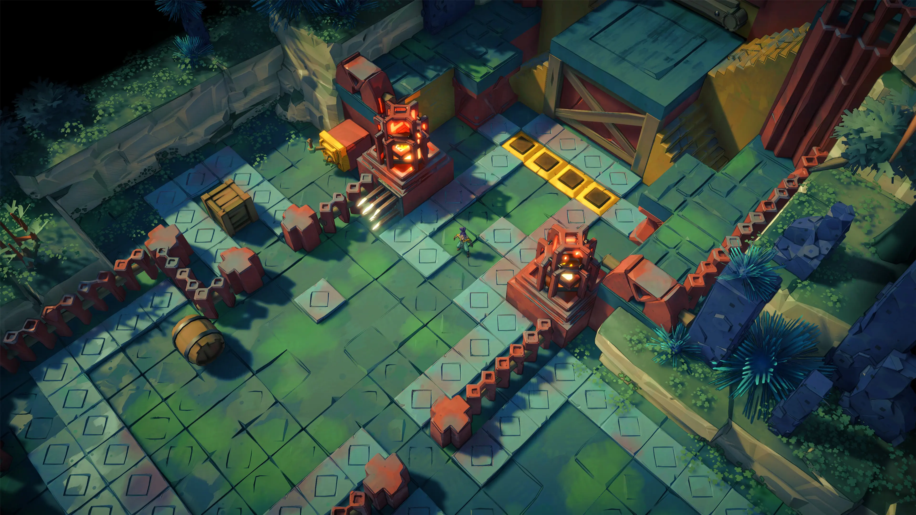 Sonia approaches orange-lit mechanisms and gates inside an Uncanyon ruin.