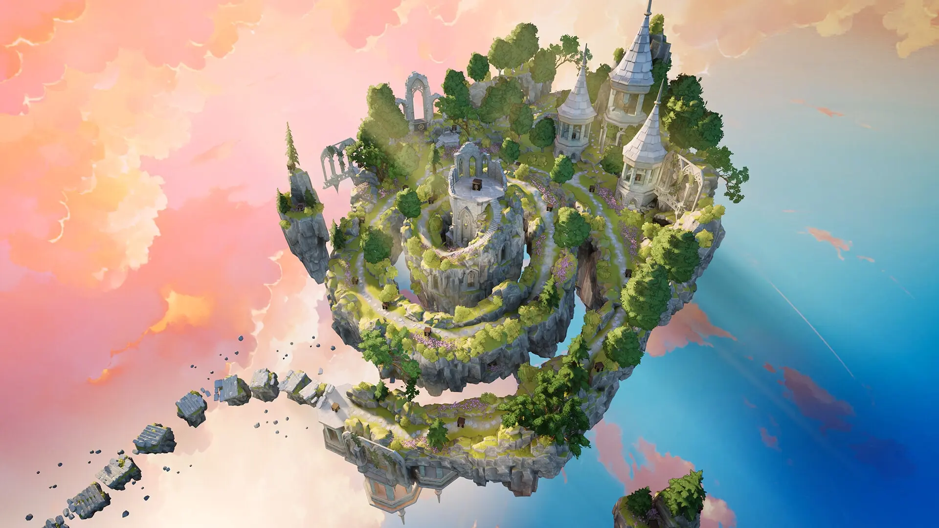 A colorful stained-glass kingdom floats above the clouds in The Artisan of Glimmith.