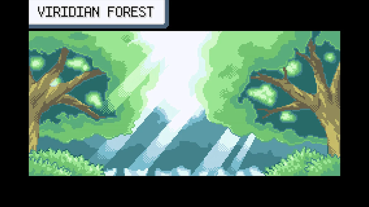 Sunlight cuts through the trees in Viridian Forest in Pokémon FireRed Version.