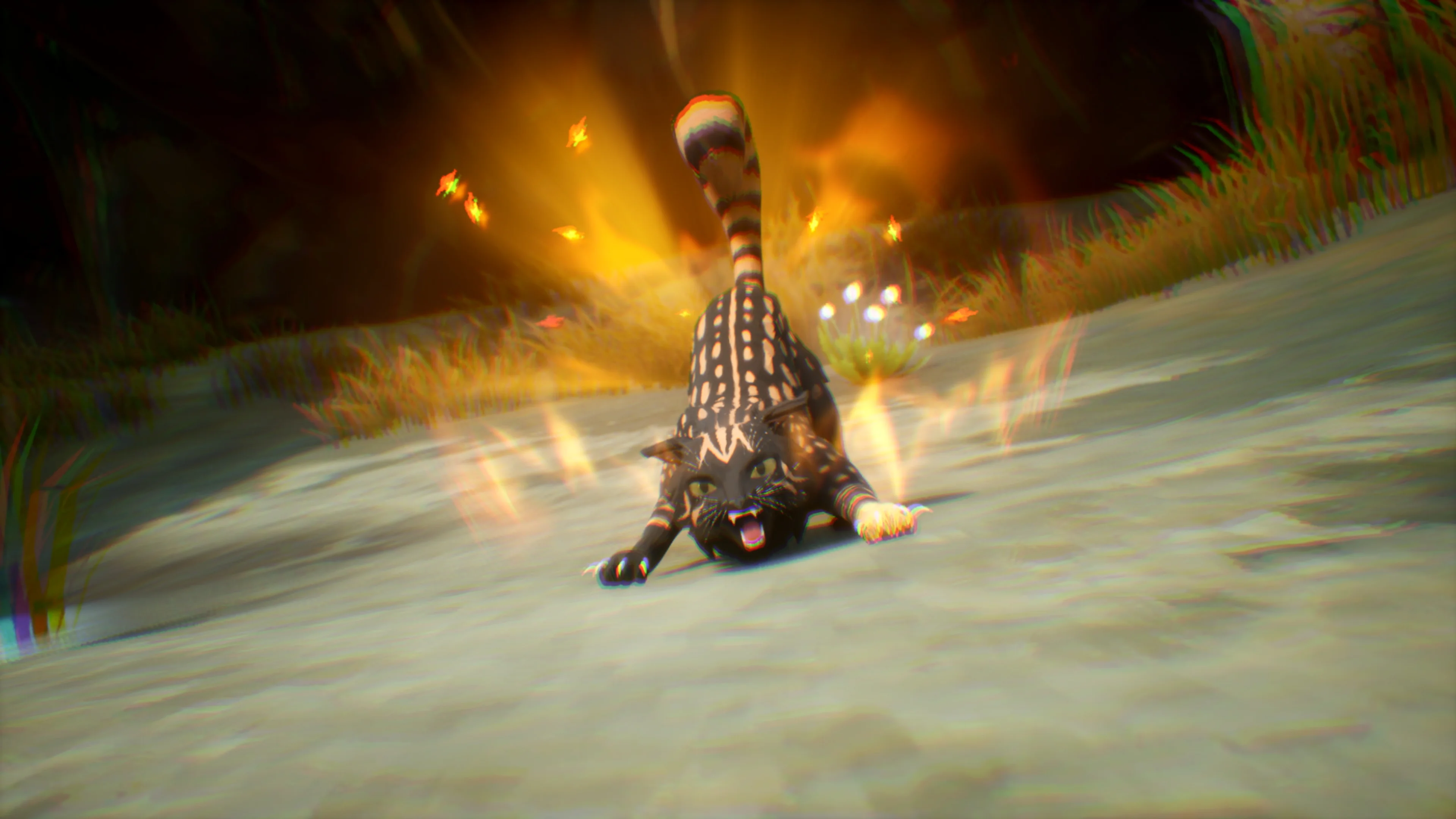A patterned warrior cat unleashes an orange ancestor attack during combat in Clans of the Forest.