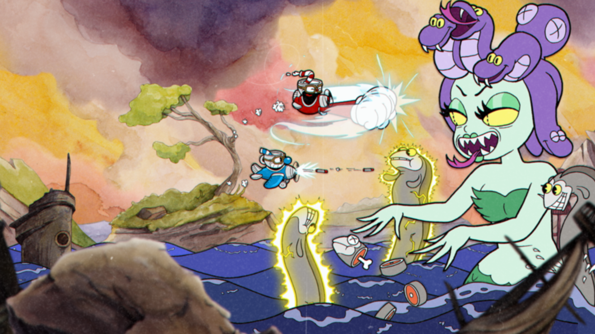 Cuphead and Mugman fly through a colorful boss encounter above the water.