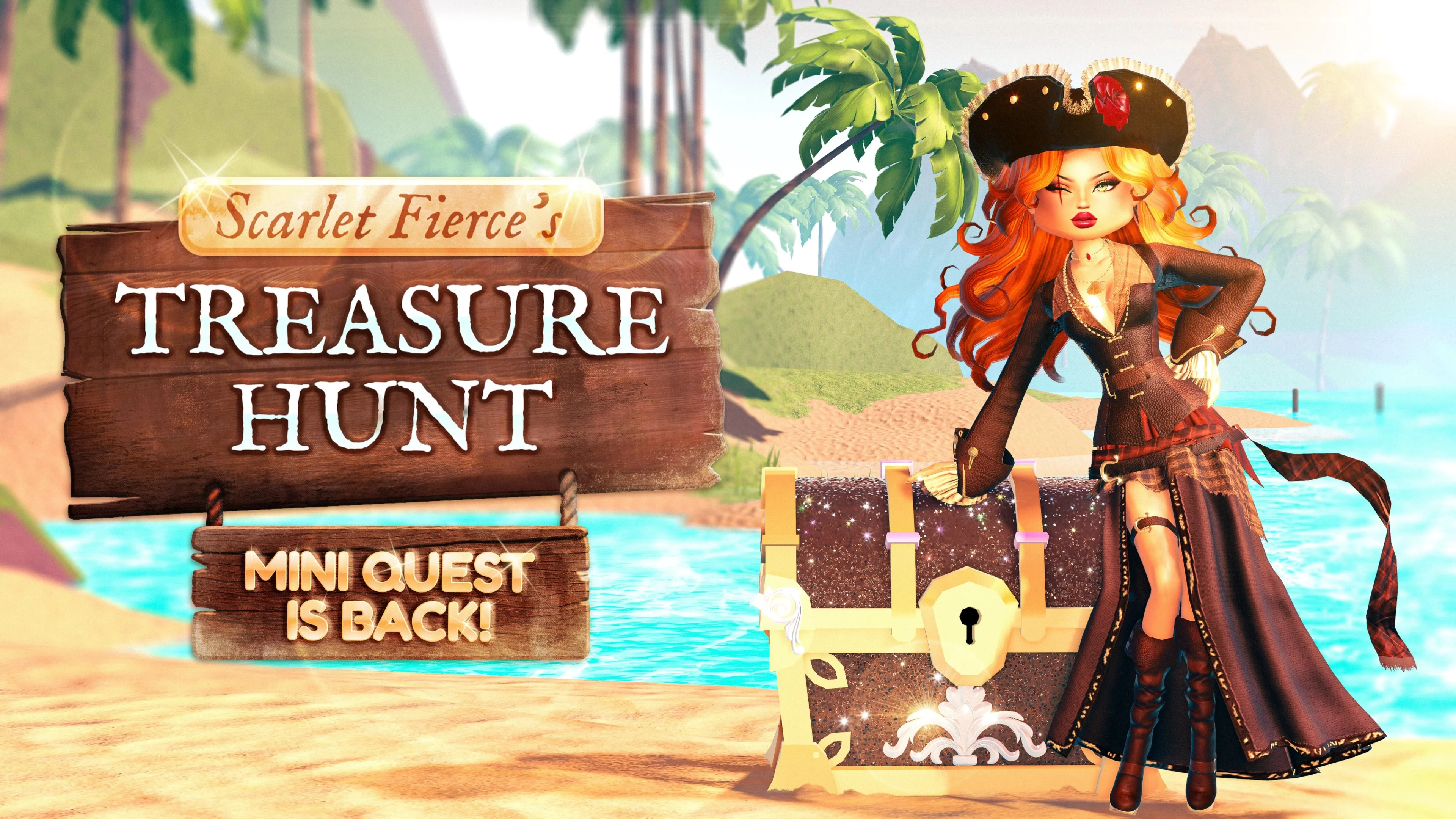 Official Dress To Impress Treasure Hunt artwork showing Scarlet Fierce beside a glowing treasure chest.