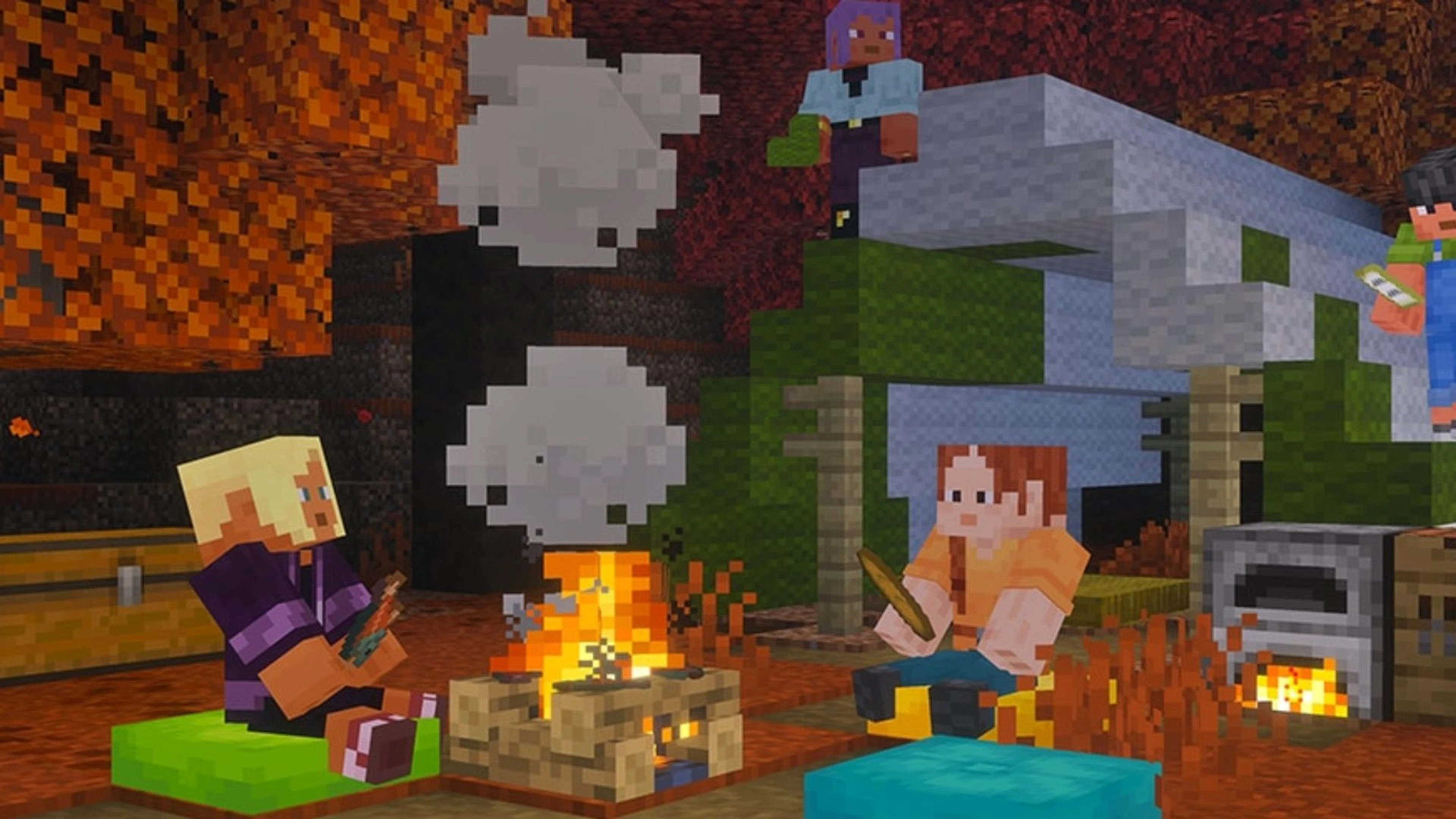 Minecraft characters camping beside a fire with a block-built sheep nearby.
