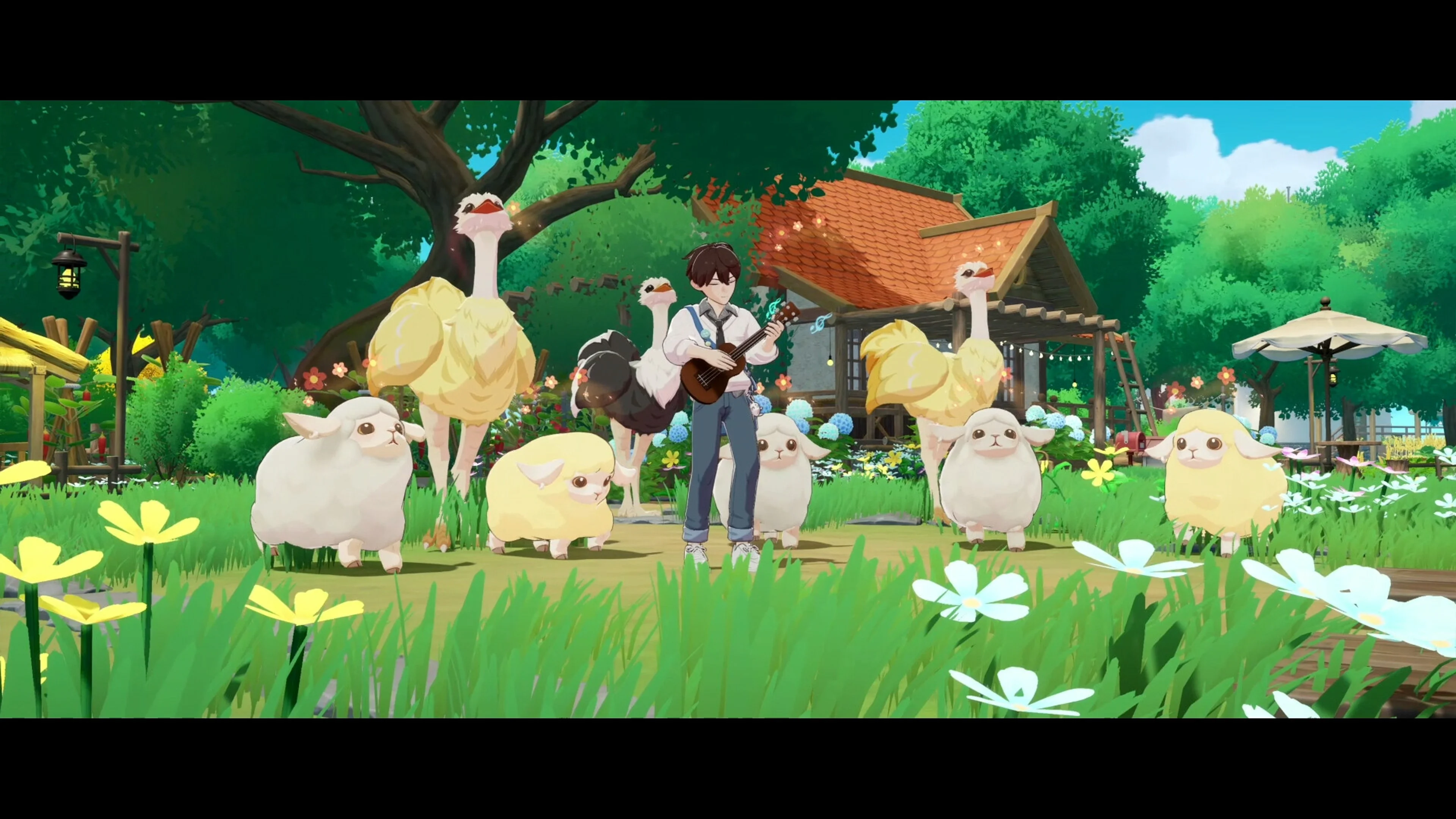 A Starsand Island character surrounded by sheep, birds, and other farm animals