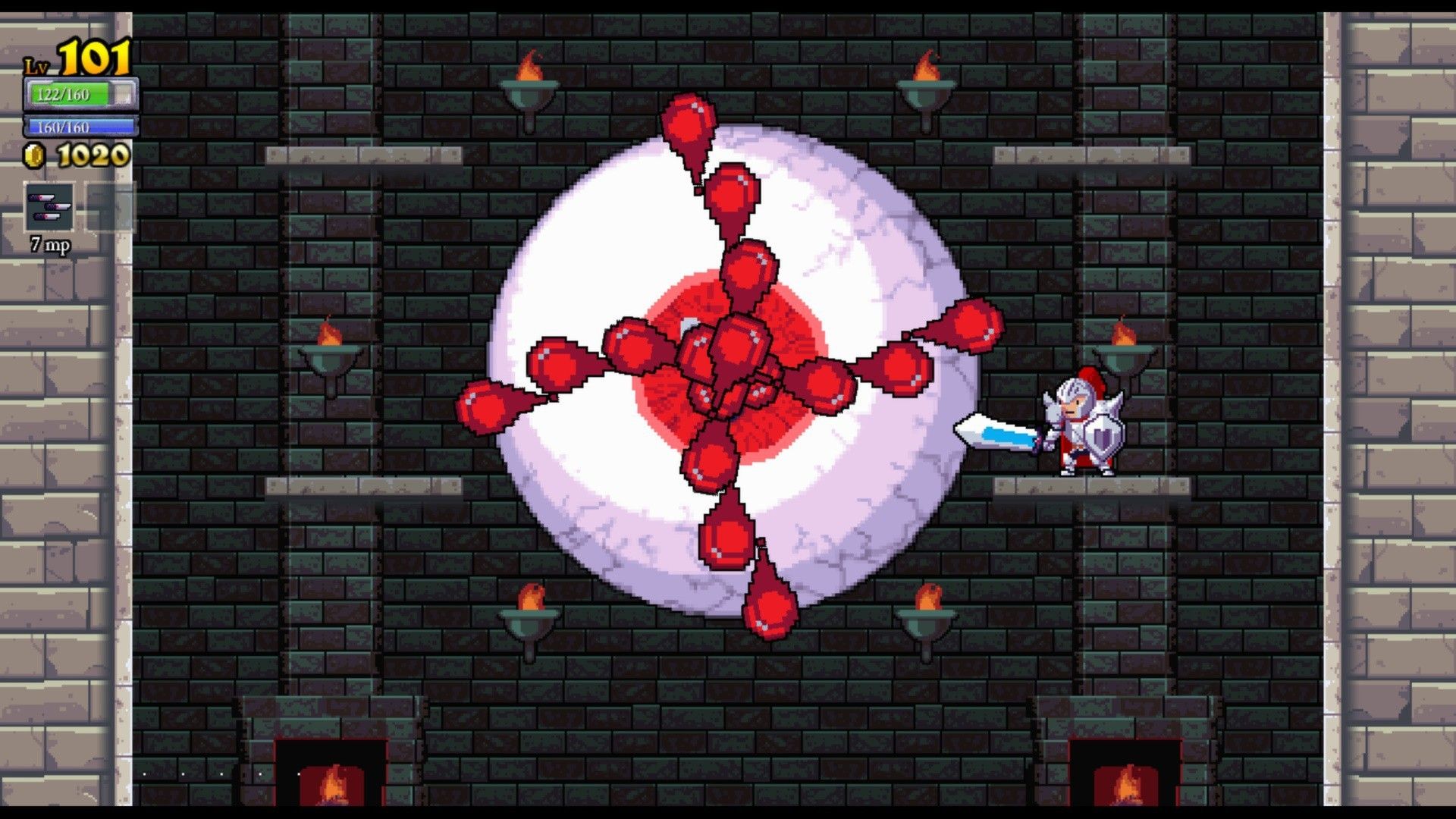 A knight faces a circular boss covered in red projectiles.