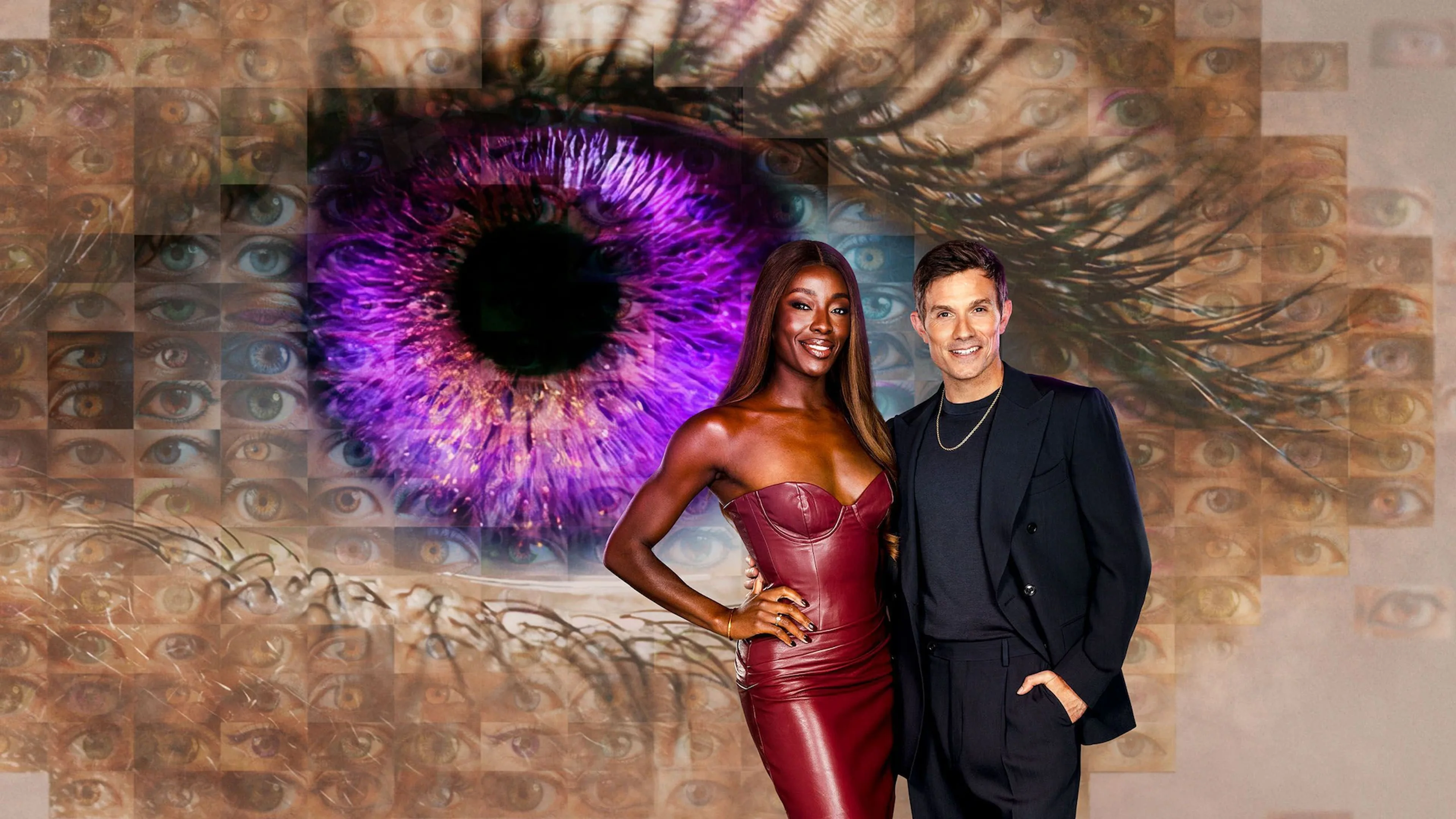 AJ Odudu and Will Best pose beside a purple eye in the Big Brother Series 4 artwork.