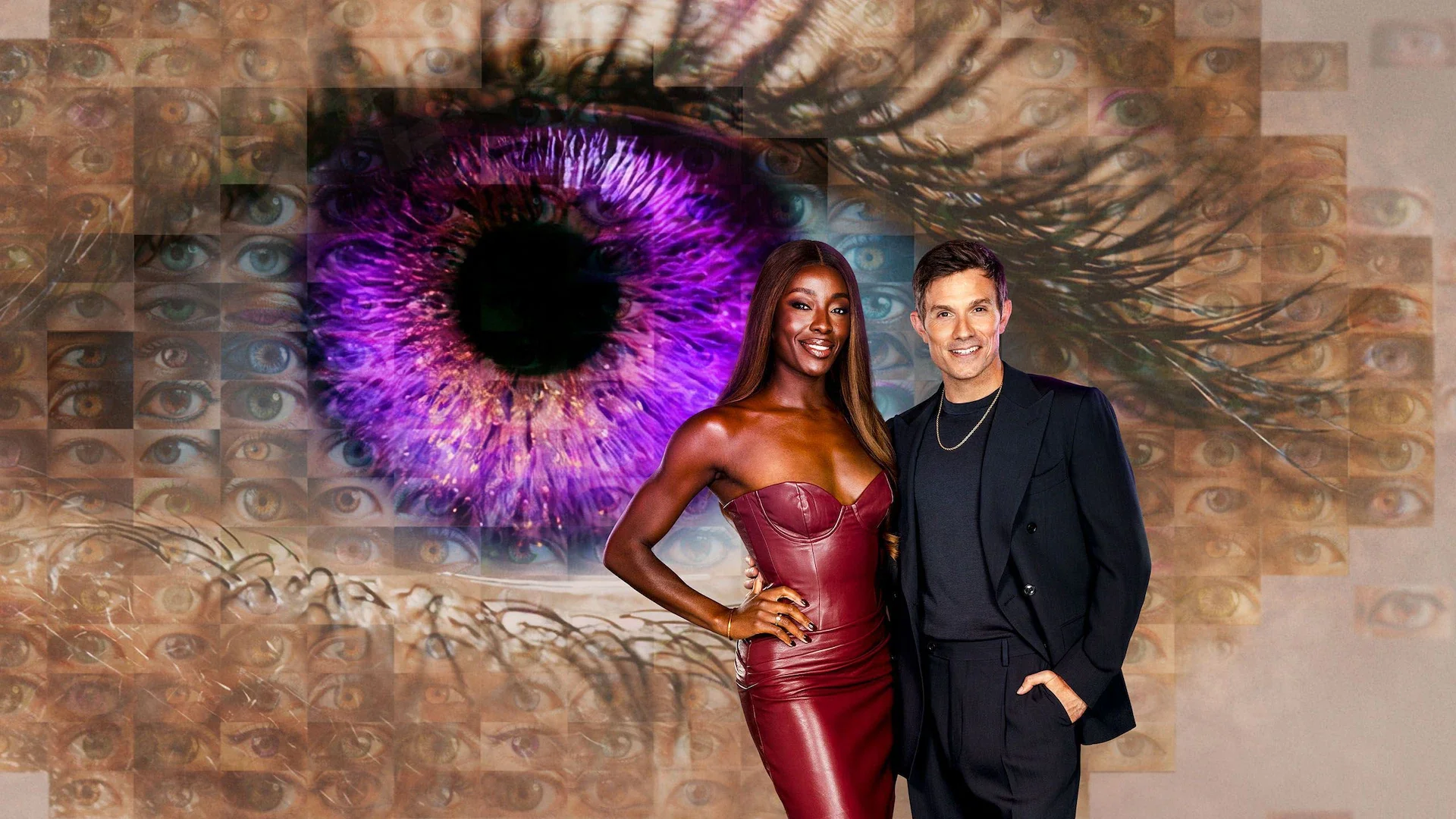 AJ Odudu and Will Best pose beside a purple eye in the Big Brother Series 4 artwork.
