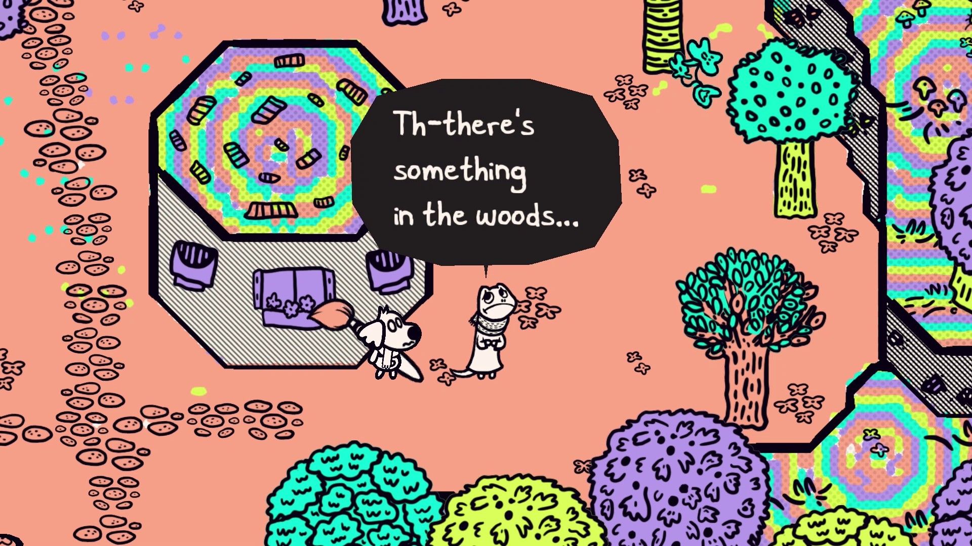 The player dog stands before a sign in a pink-painted part of Picnic Province.