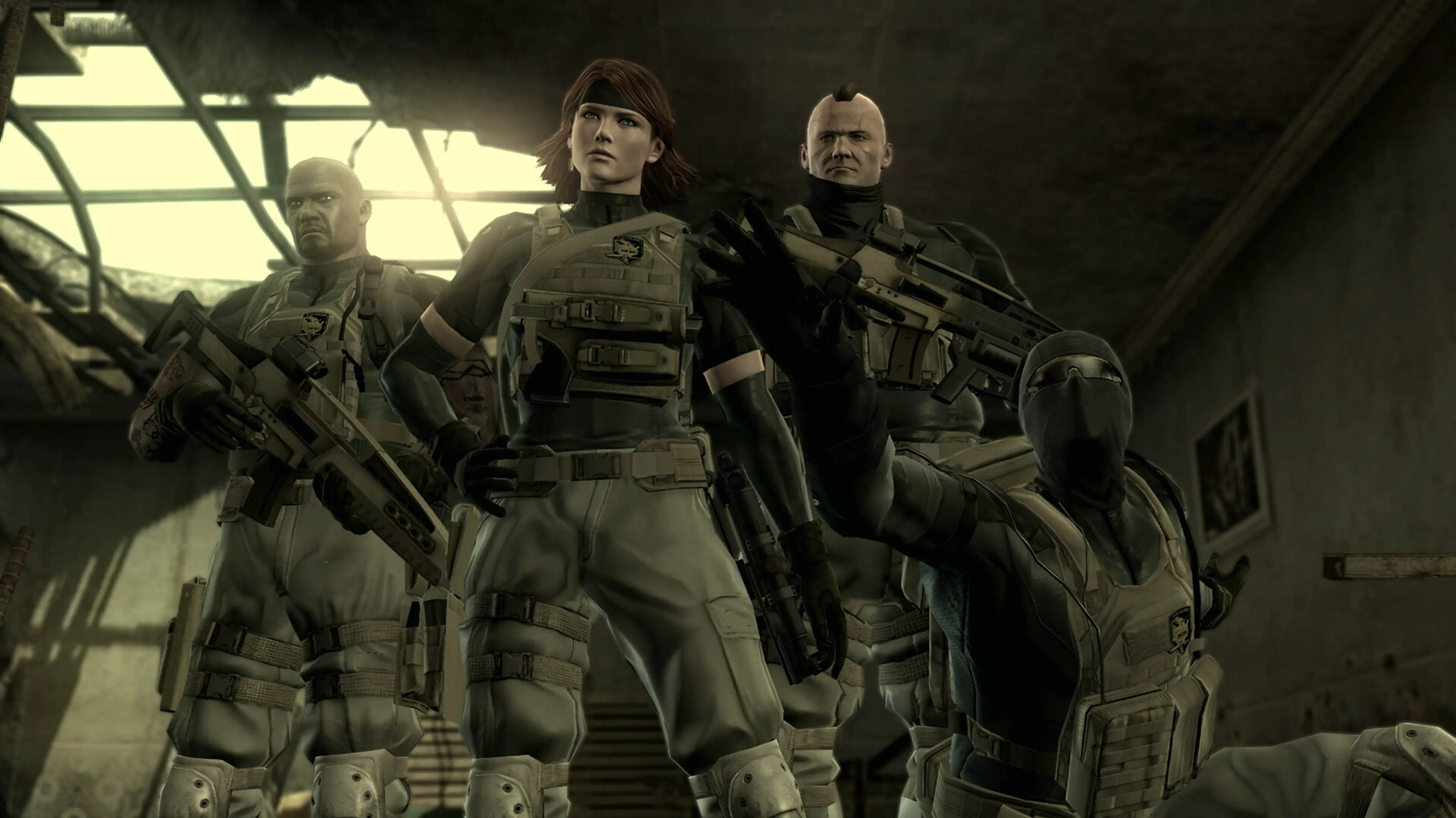 A squad of armed soldiers stands together inside a damaged building in METAL GEAR SOLID: MASTER COLLECTION Vol. 2.
