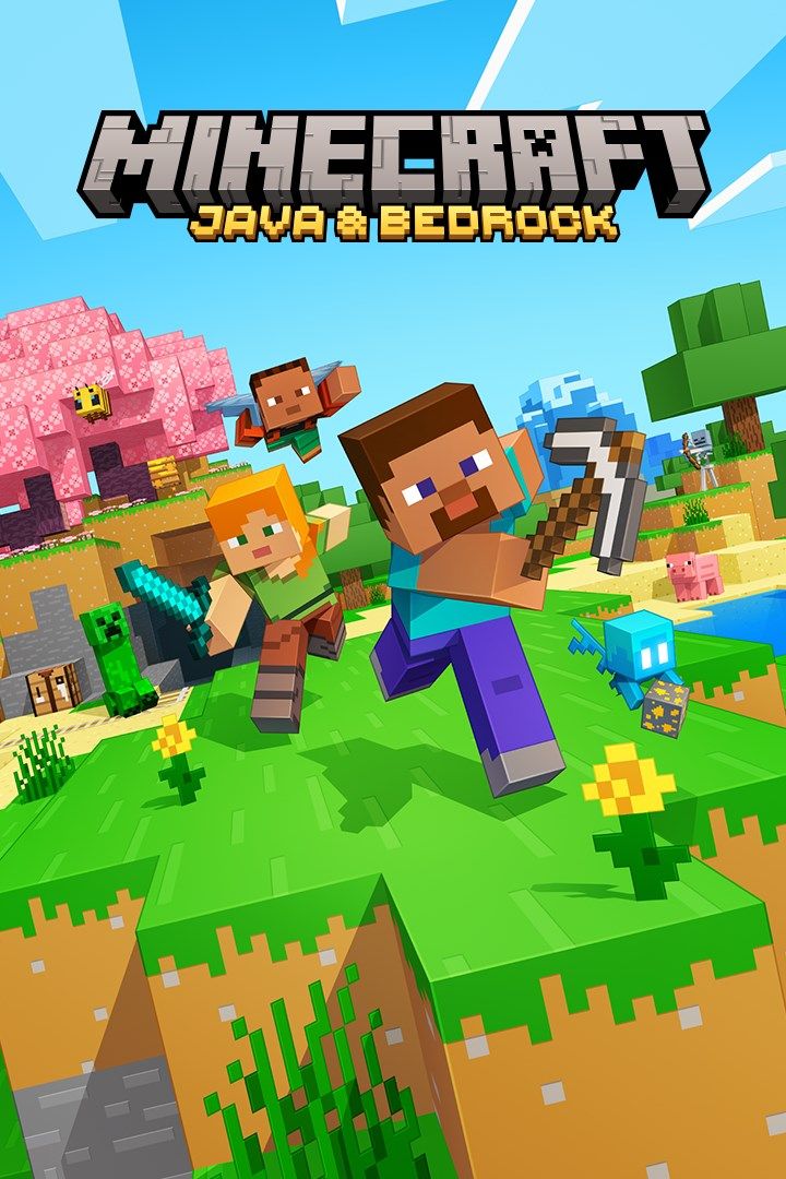Official Minecraft Java & Bedrock Edition cover showing Steve with a pickaxe and Alex with a sword beneath the native game logo.