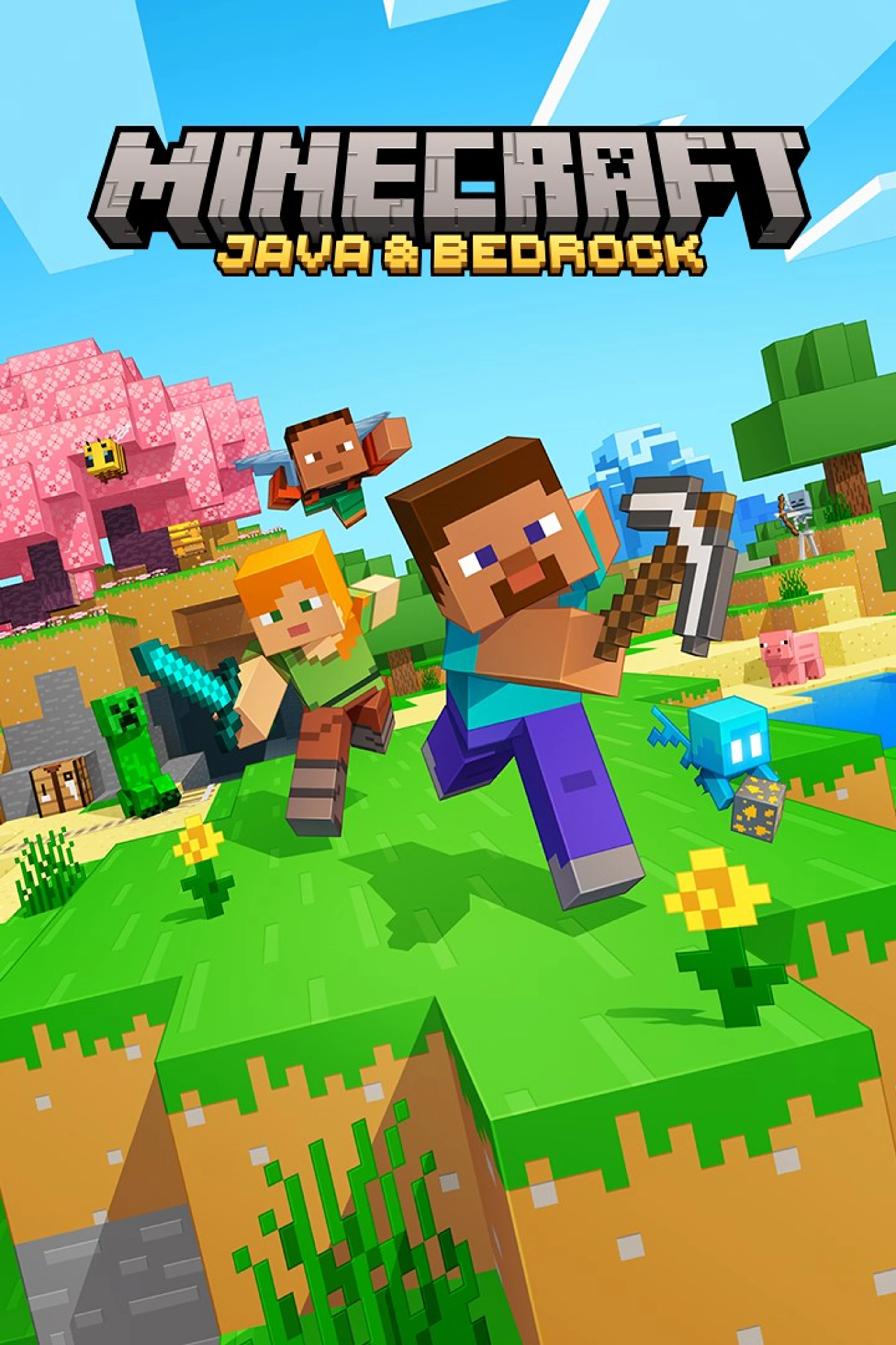 Official Minecraft Java & Bedrock Edition cover showing Steve with a pickaxe and Alex with a sword beneath the native game logo.